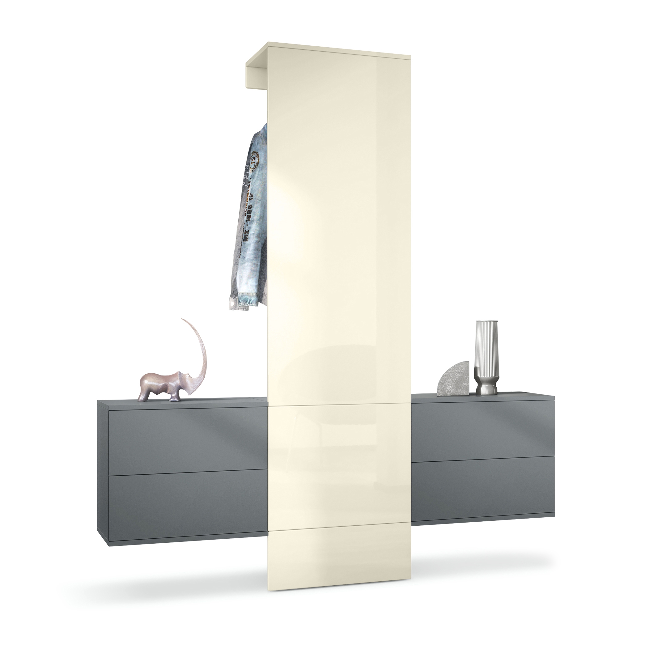 Garderobe Carlton Set 3 Anthrazit 4-tlg. 1 Paneel und 2 Schubkastenschränke Anthrazit matt/Creme Hochglanz (157 x 193 x 35 cm)