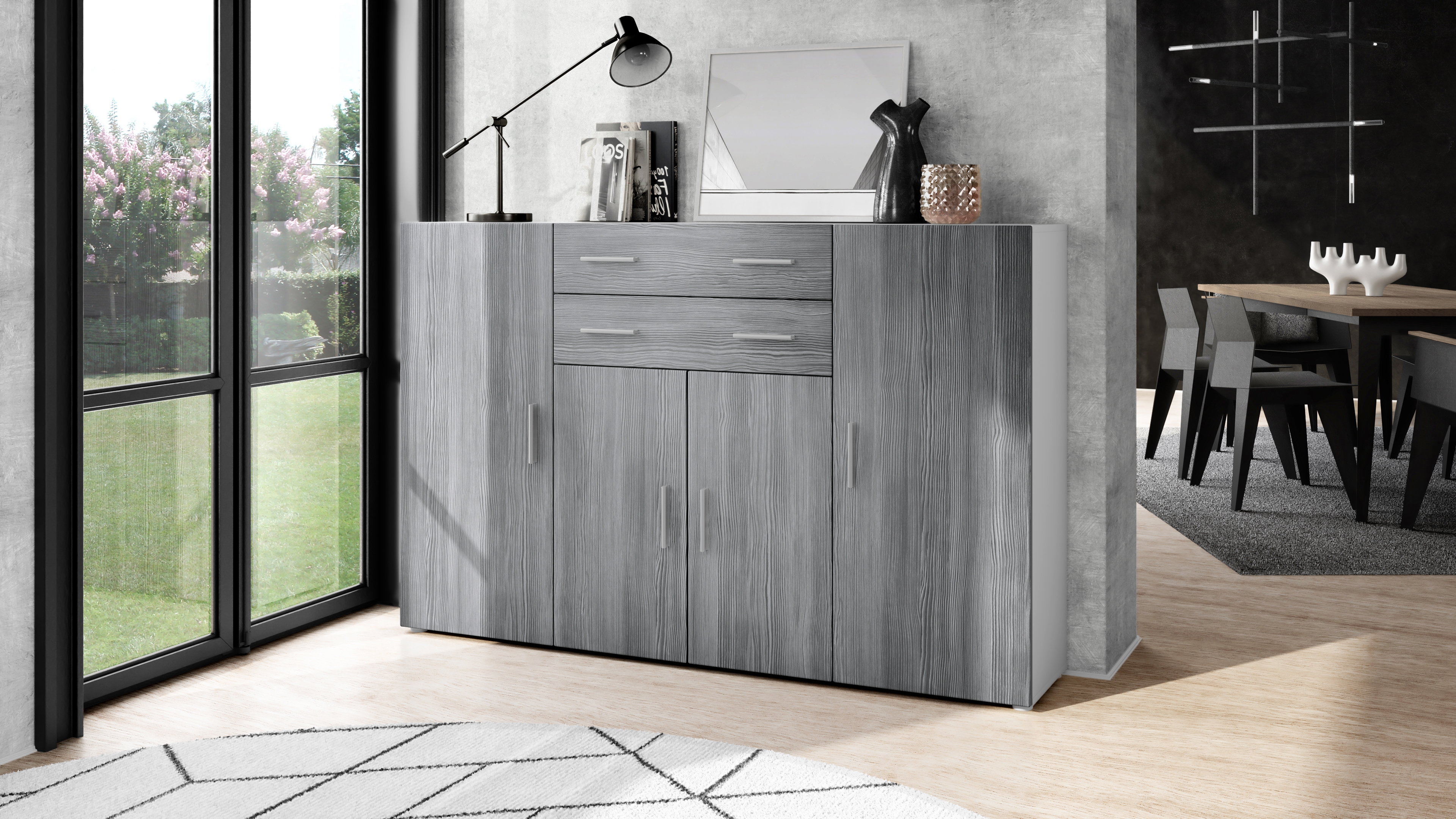 Highboard Aron  mit 4 Türen und 2 Schubladen Weiß matt/Avola-Anthrazit (166,5 x 106,5 x 35 cm)