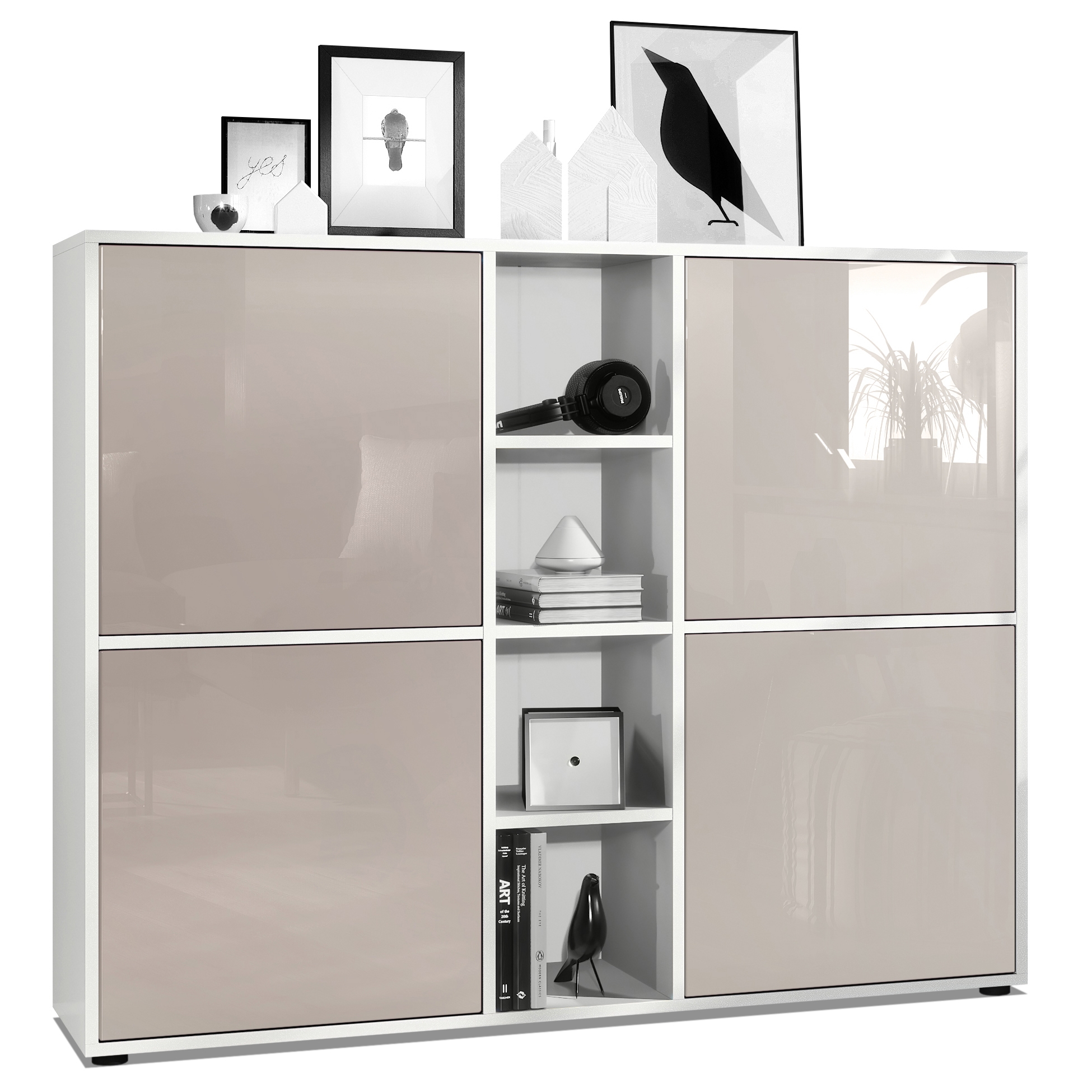 Highboard Cuba V3  Schrank Anrichte Cuba V3 mit 12 Fächern Korpus in Weiß matt / in Sandgrau glänzend (130,5x105,5x35,5 cm)