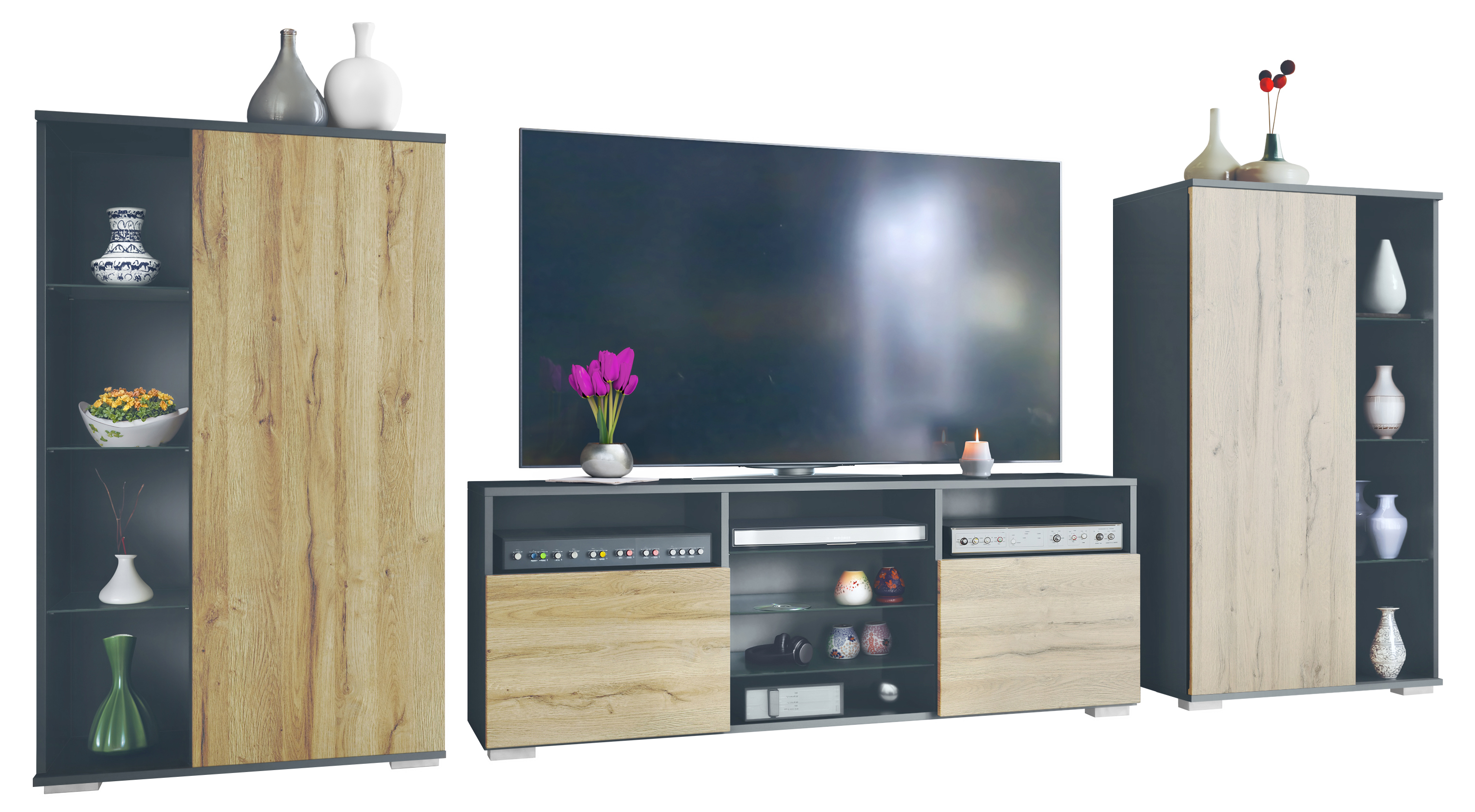 Wohnwand Davos 3-tlg. bestehend aus 2 Vitrinen und 1 TV-Board Anthrazit matt/Eiche Natur (329 x 134 x 35 cm)
