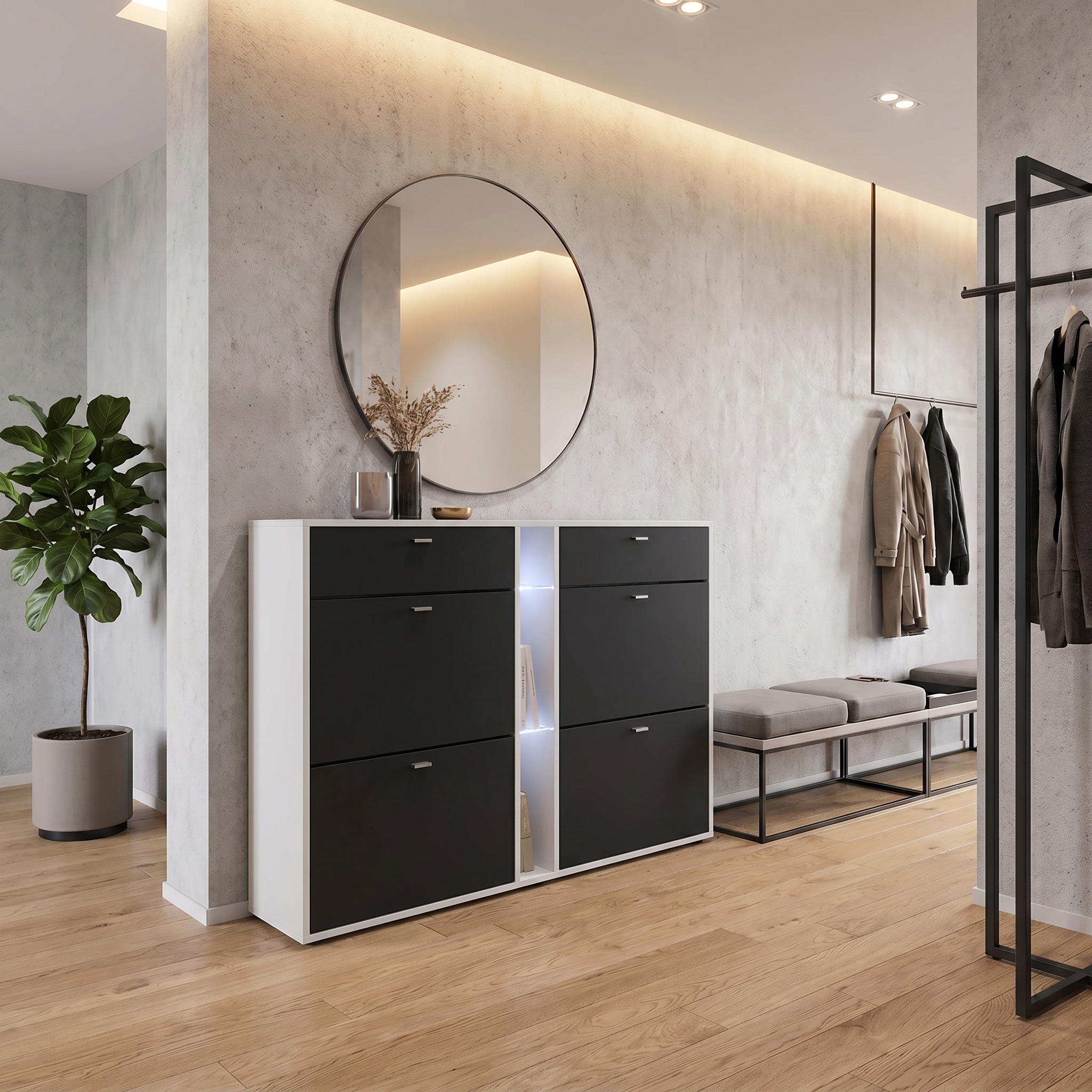 Today Schuhschrank 2 Schubladen und 3 offene Fächer inkl. Beleuchtung | Fronten in Schwarz matt | mit weißer LED Beleuchtung | mit weißer LED Beleuchtung