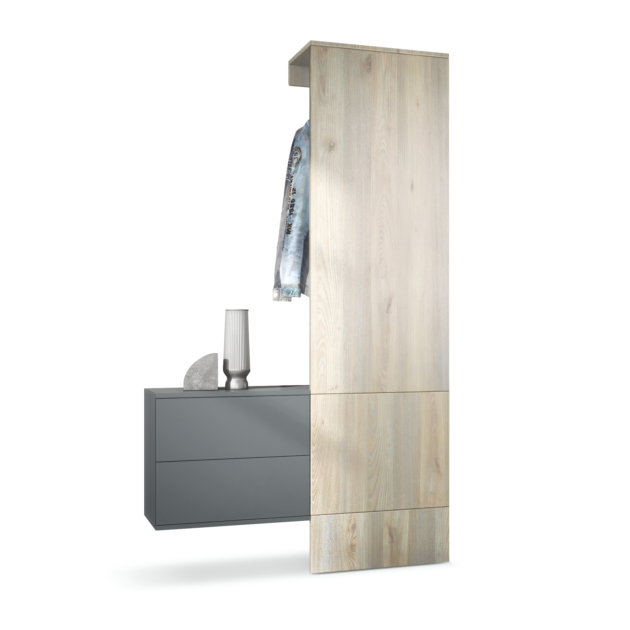 Garderobe Carlton Set 2 Anthrazit 3-tlg. 1 Paneel und 1 Schubkastenschrank Anthrazit matt/Eiche Nordic (105 x 193 x 35 cm)