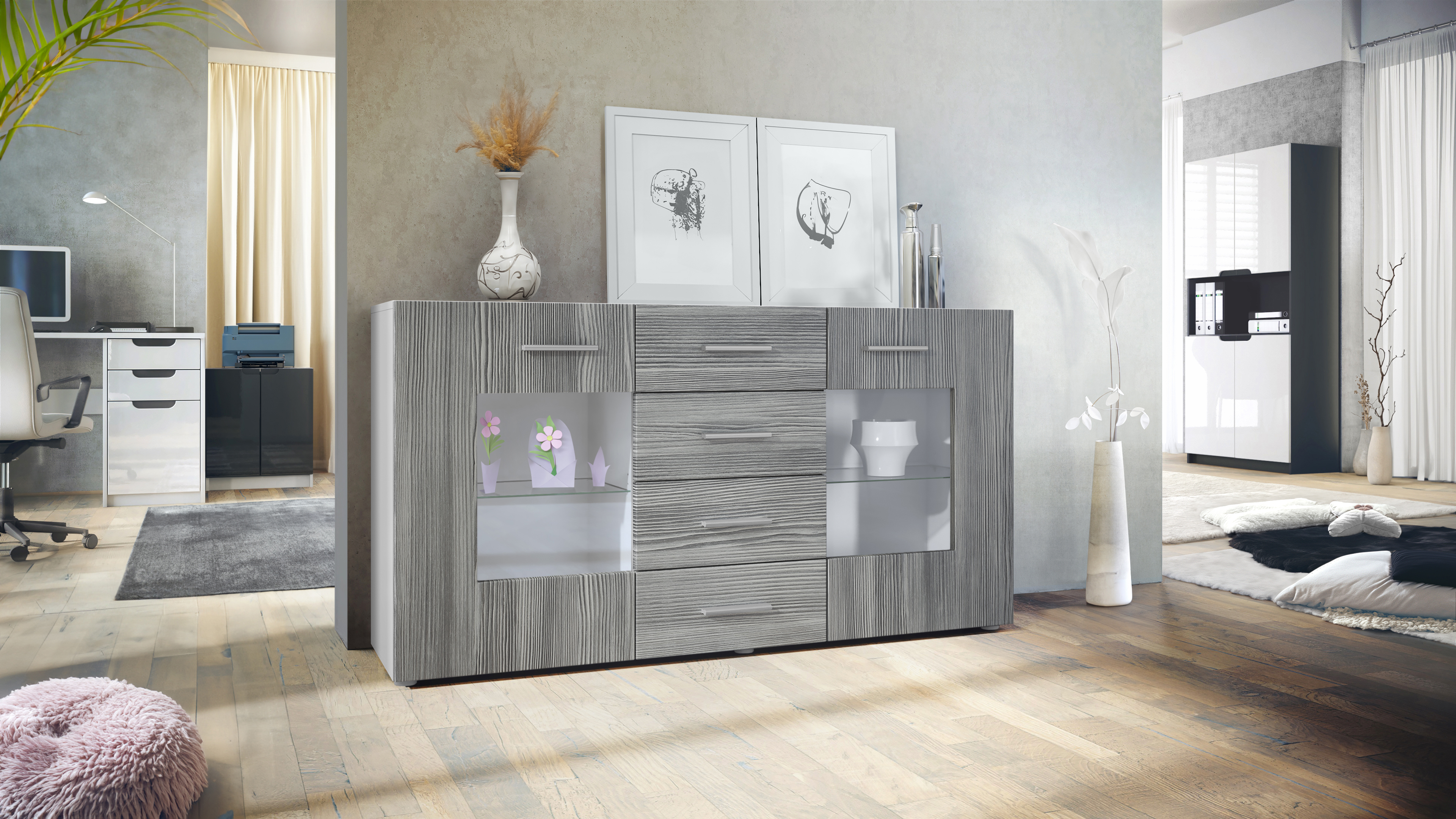 Sideboard Grömitz V1 4 Schubladen und 2 flexible Glaseinlegeböden Weiß matt/Avola-Anthrazit (139 x 72 x 35)
