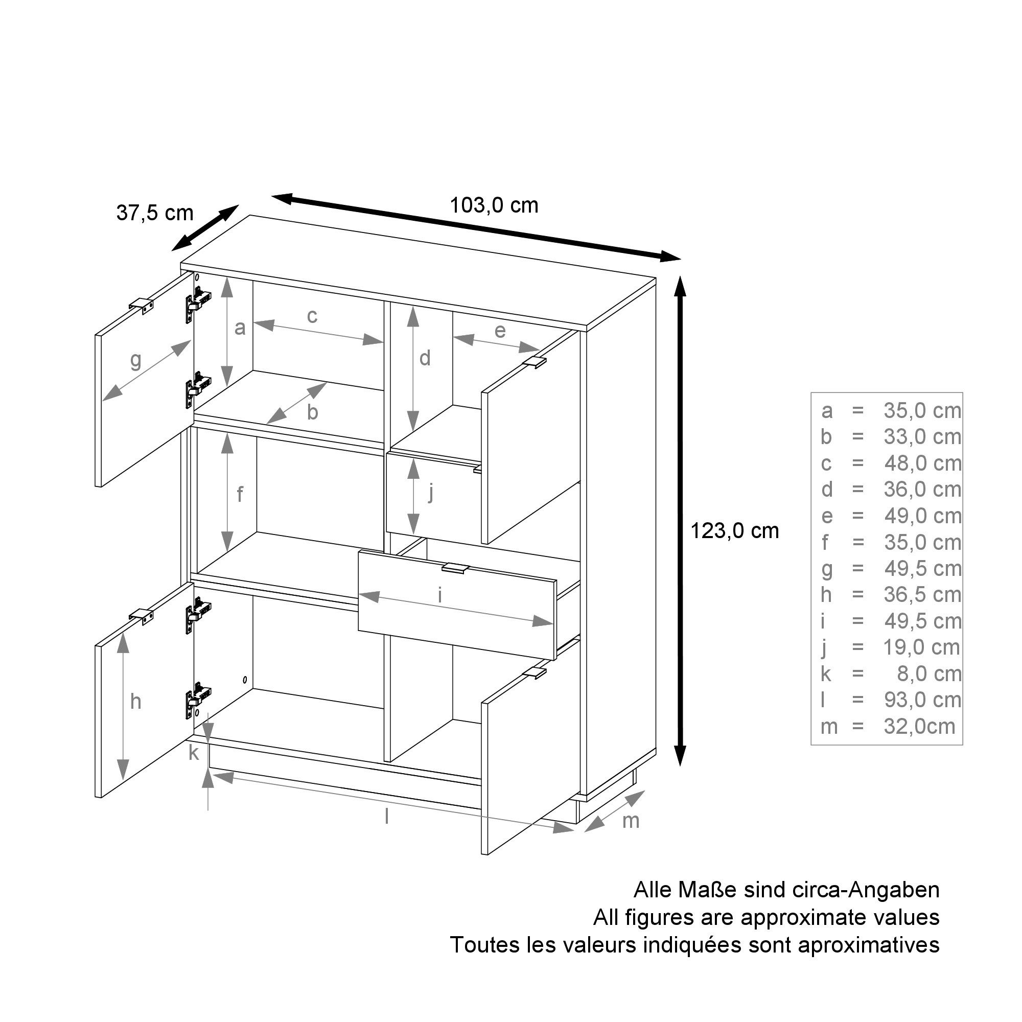 Highboard Metro  mit 4 Türen, 2 Schubladen und 1 offenem Fach Weiß Hochglanz/Petrol Hochglanz inkl. LED Beleuchtung (103x123x38 cm)