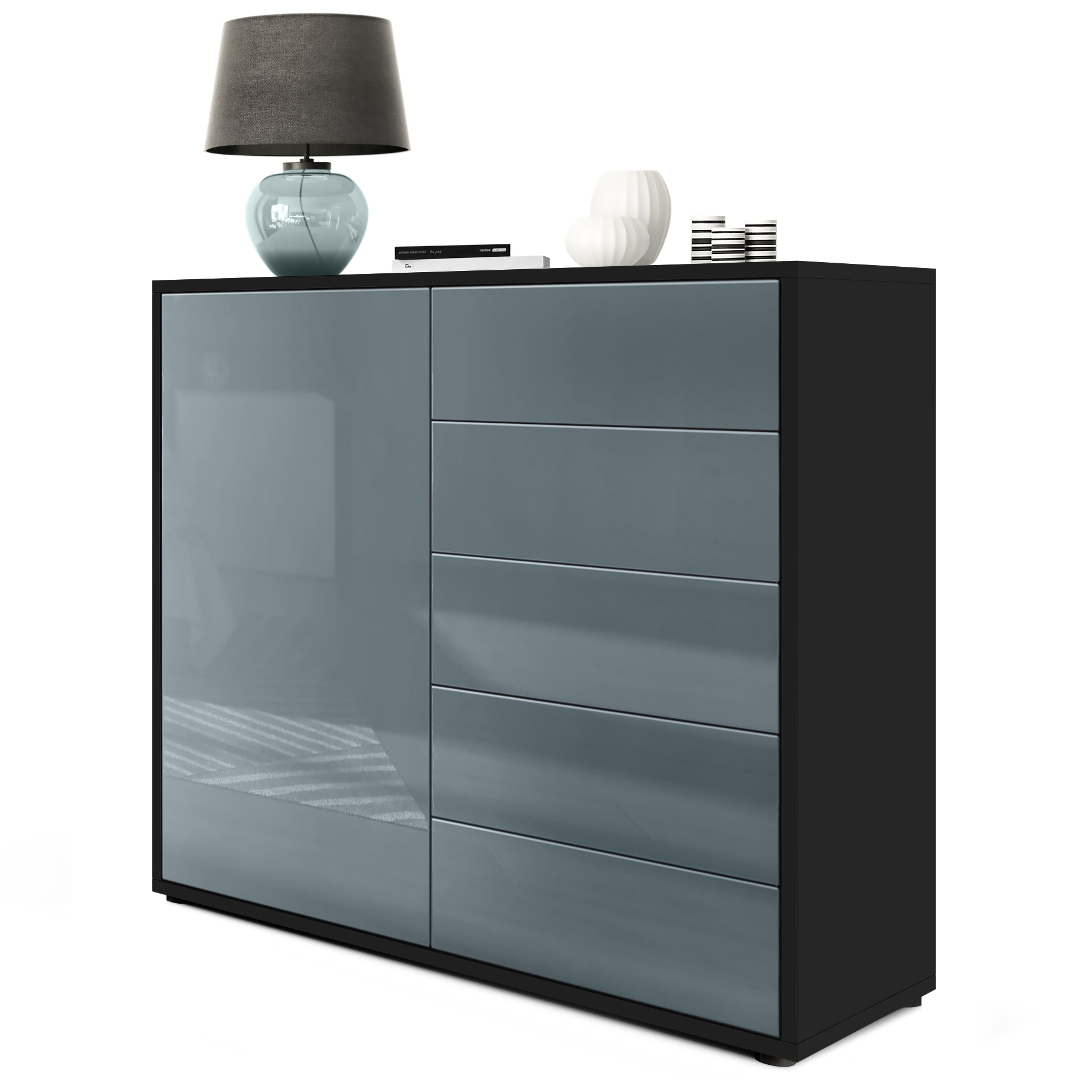 Kommode Ben V2  mit 1 Tür und 5 Schubladen Schwarz matt/Grau Hochglanz (79 x 74 x 36 cm)