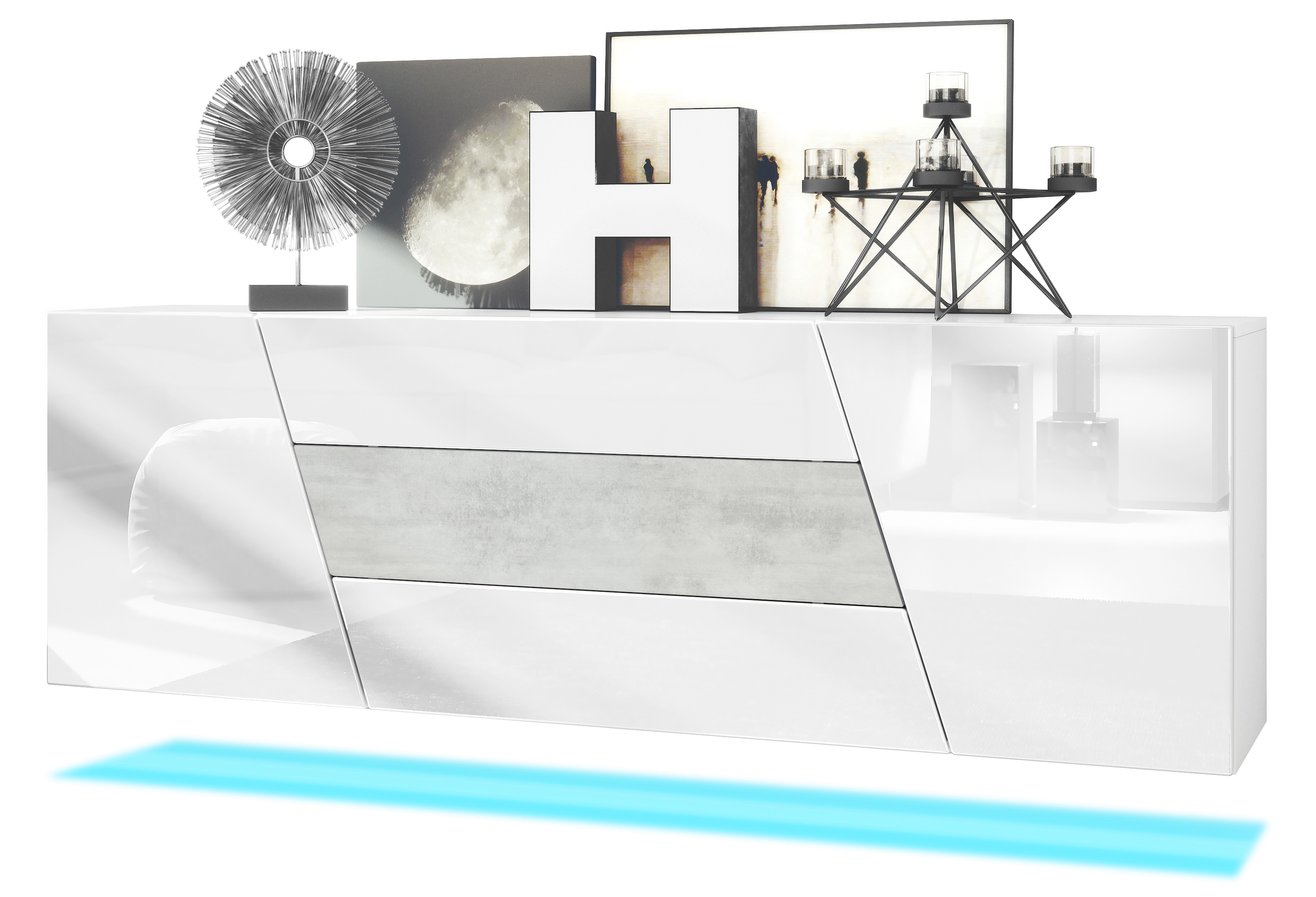 Houston Sideboard hängend mit 2 Türen und 3 Schubladen inkl. LED-Beleuchtung Weiß matt/Weiß Hochglanz/Beton Oxid Optik (178 x 57,5 x 38,5 cm)