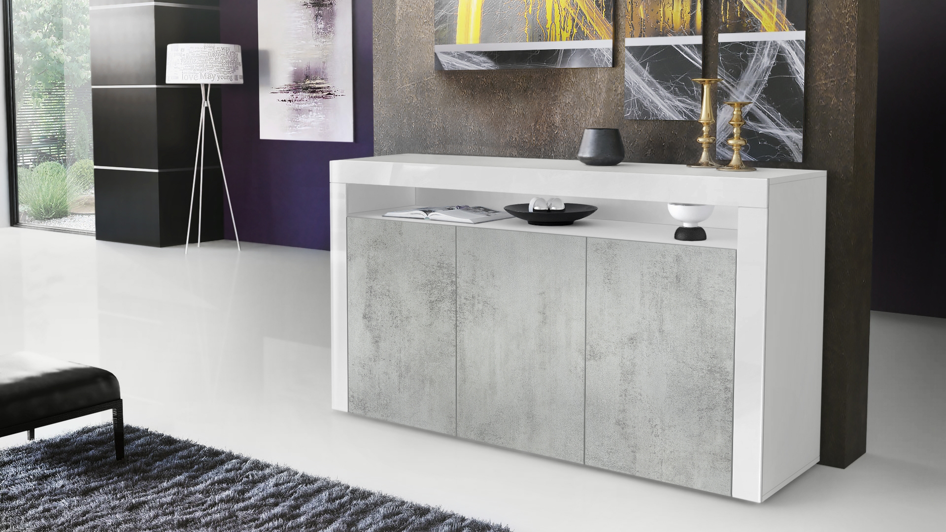 Sideboard Valencia mit 3 Türen und 1 offenem Fach Weiß matt/Beton Oxid Optik/Weiß Hochglanz (155 x 92 x 40 cm)