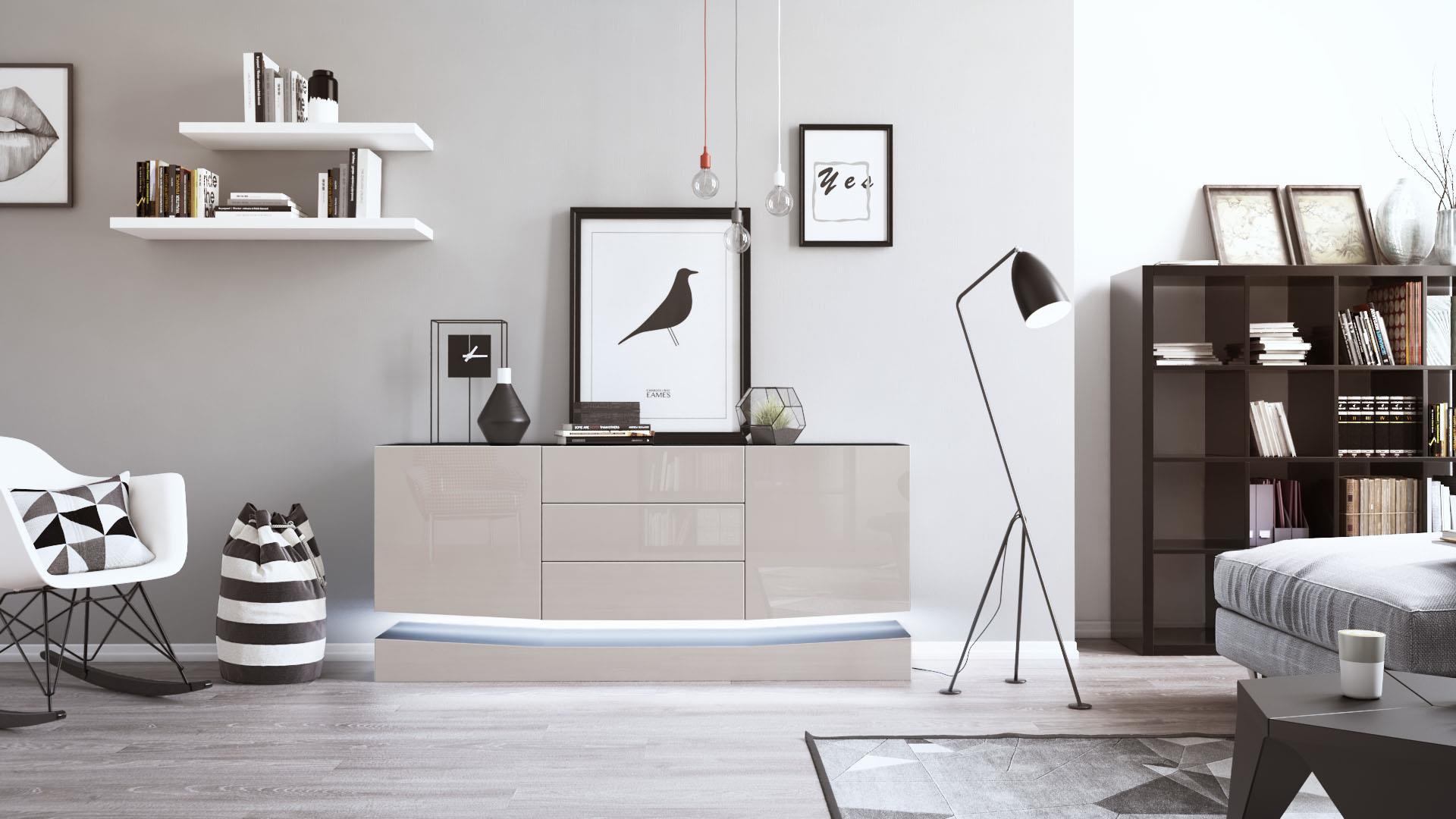 Sideboard City und 3 Schubladen inkl. LED-Beleuchtung,  Schwarz matt/Sandgrau Hochglanz (178 x 72 x 38 cm)