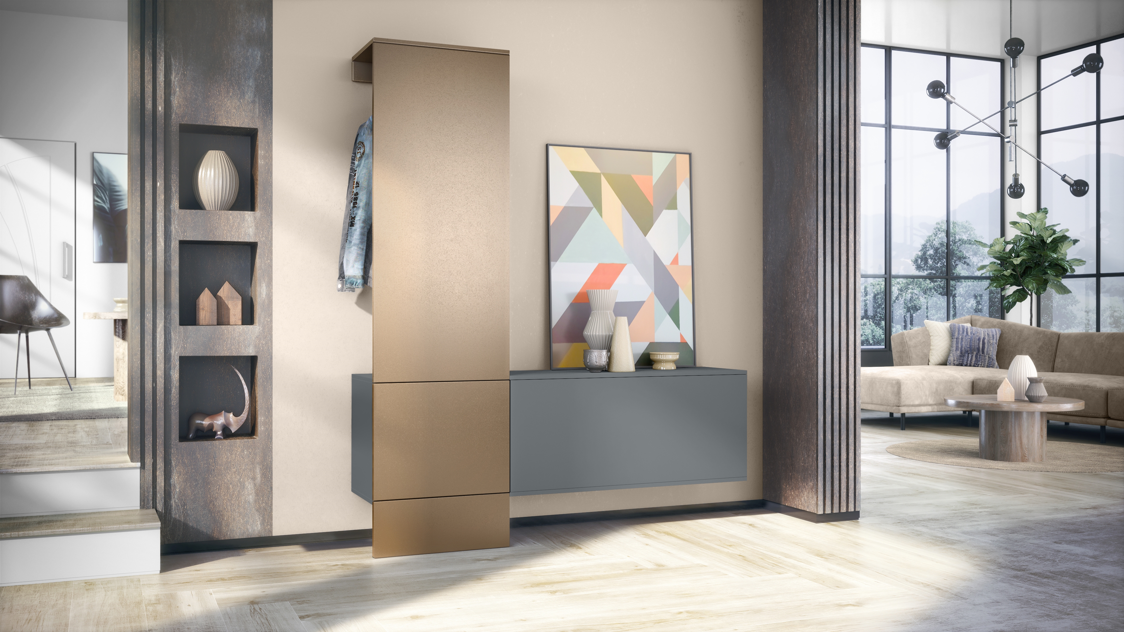 Garderobe Carlton Set 4 Anthrazit 3-tlg. 1 Paneel und 1 Schrankmodul Anthrazit matt/Bronze Optik (156,5 x 193 x 35 cm)