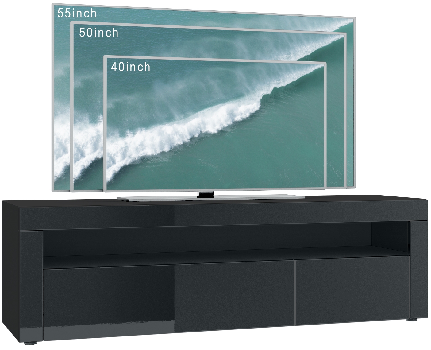 Lowboard Valencia mit 1 offenem Fach und 2 Klappen Schwarz matt/Grau Hochglanz/Grau Hochglanz (155 x 46 x 40 cm)