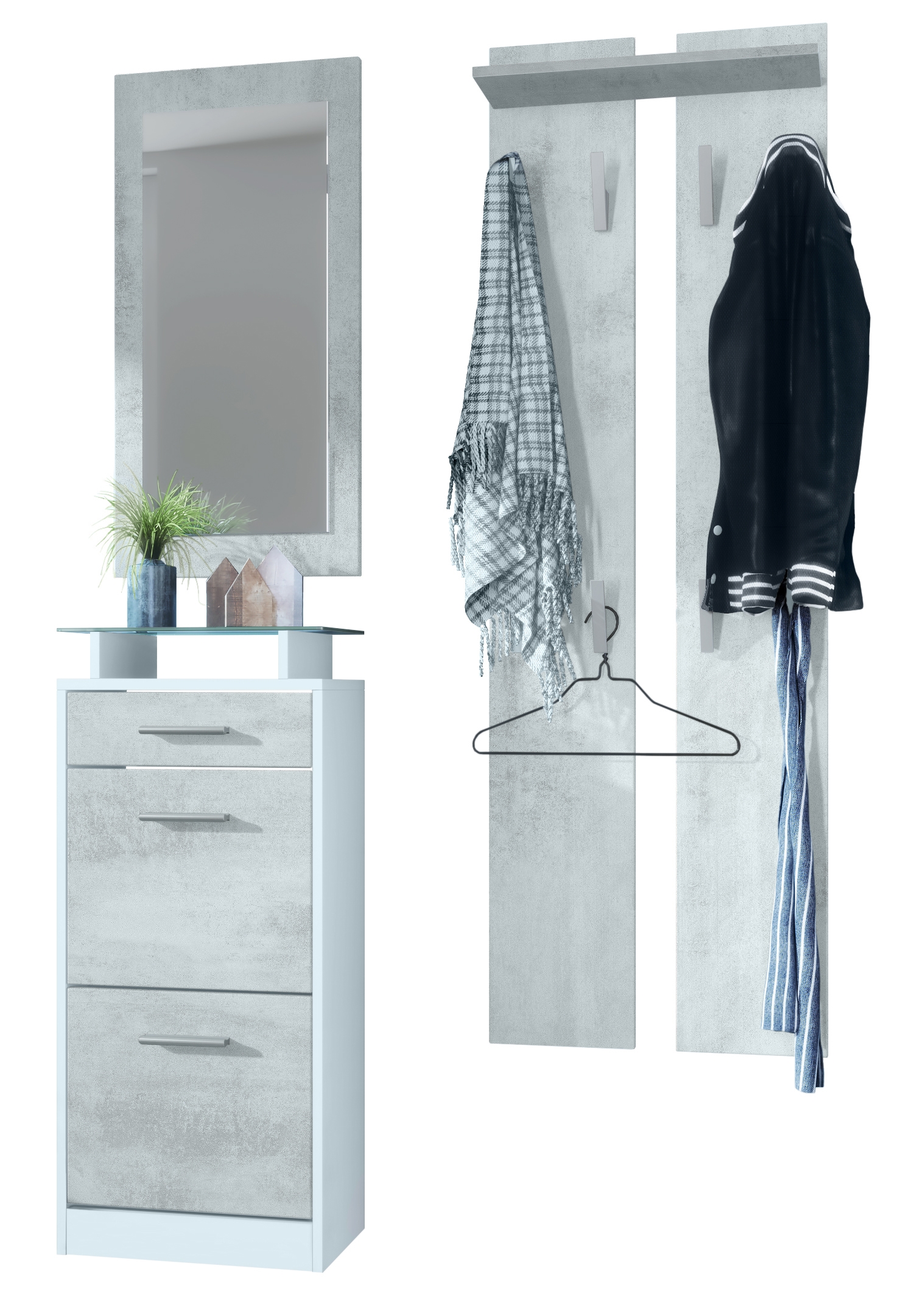 Garderobenset Loret V2 mini 1 Wandspiegel und 2 Garderobenpaneele Weiß matt/Beton Oxid Optik (140 x 23 x 200 cm)