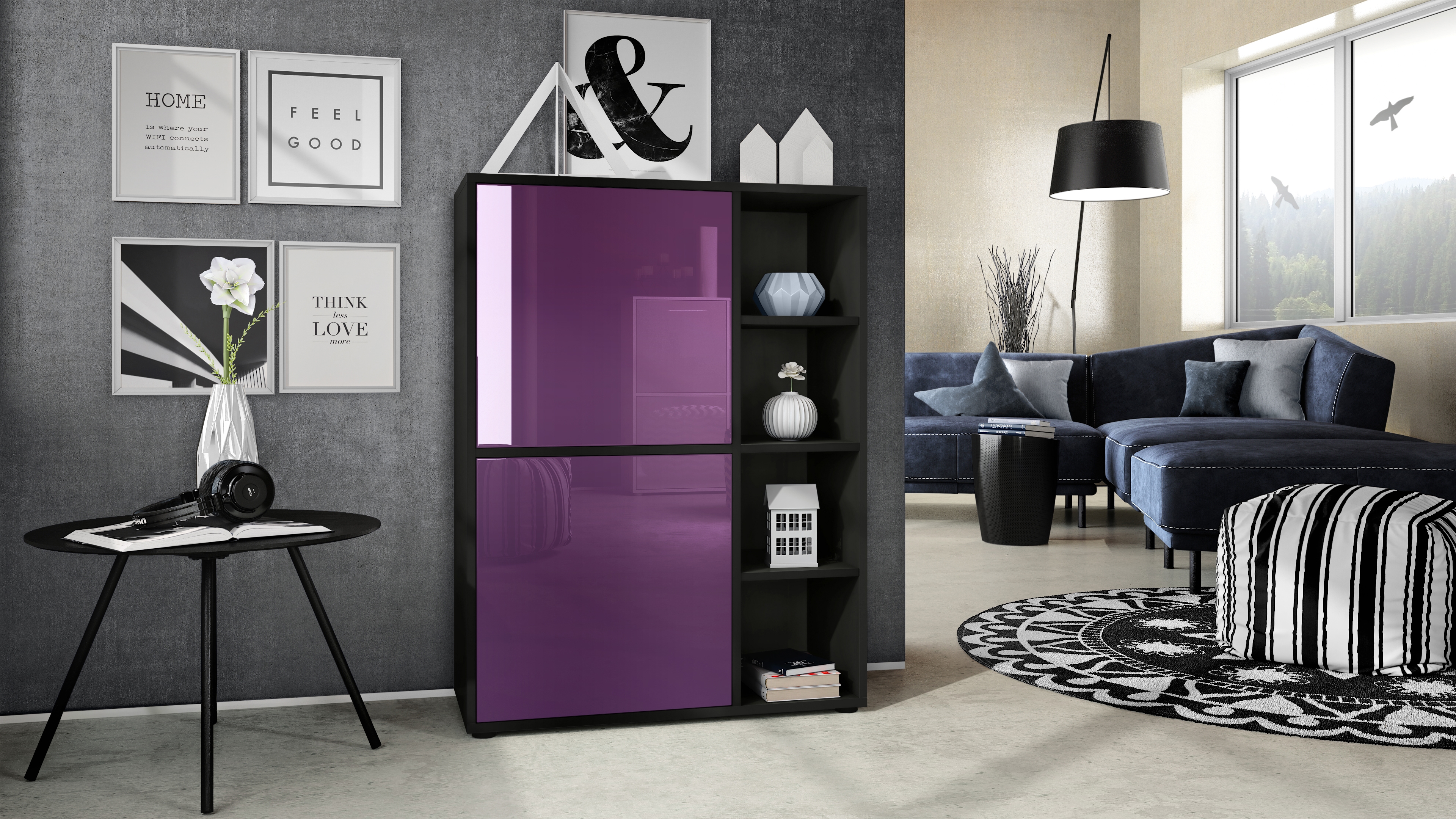 Highboard Cuba  mit 2 Türen und 4 offene Fächer Schwarz matt/Brombeer Hochglanz (79 x 105,5 x 35,5 cm)