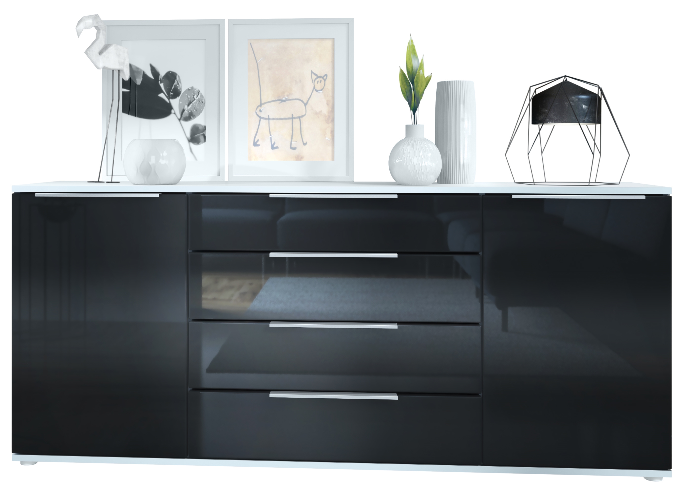 Linio V2 Sideboard mit 2 Türen und 4 Schubladen Weiß matt/Schwarz Hochglanz (166,5 x 72,5 x 35 cm)