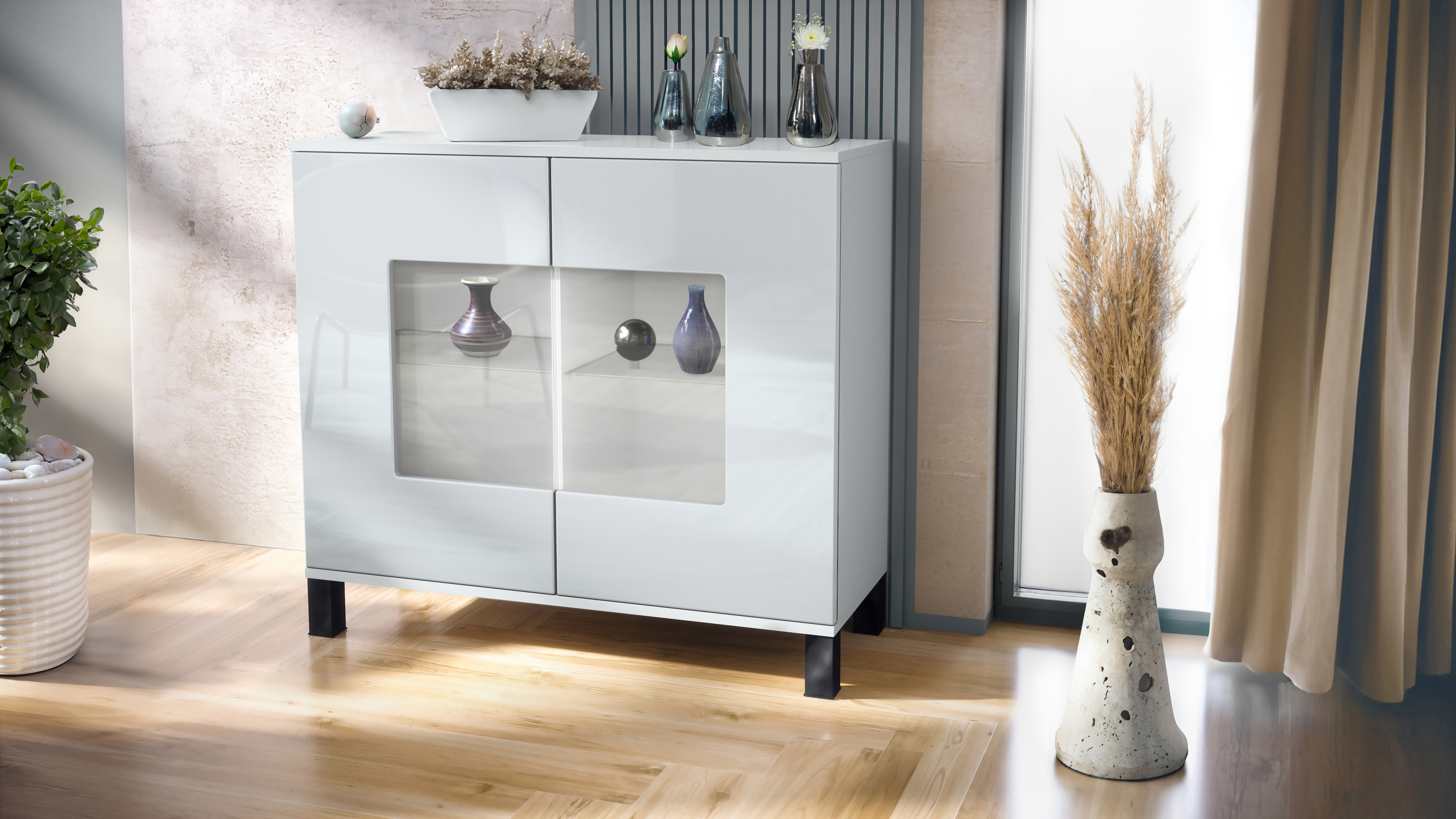 Grömitz V3 Kommode Weiß mit 2 großen Glastüren Weiß matt / Weiß Hochglanz (92,5 x 84.5 x 35)