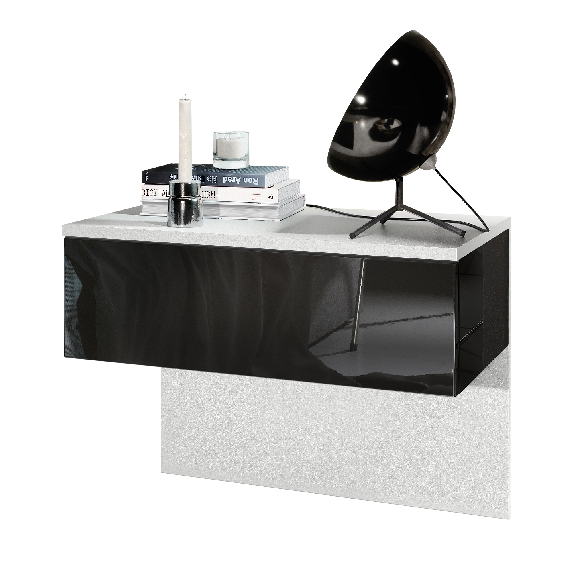 Nachttisch Sleep  mit Schublade zur Wandmontage Weiß matt/Schwarz Hochglanz (60 x 46 x 35 cm)