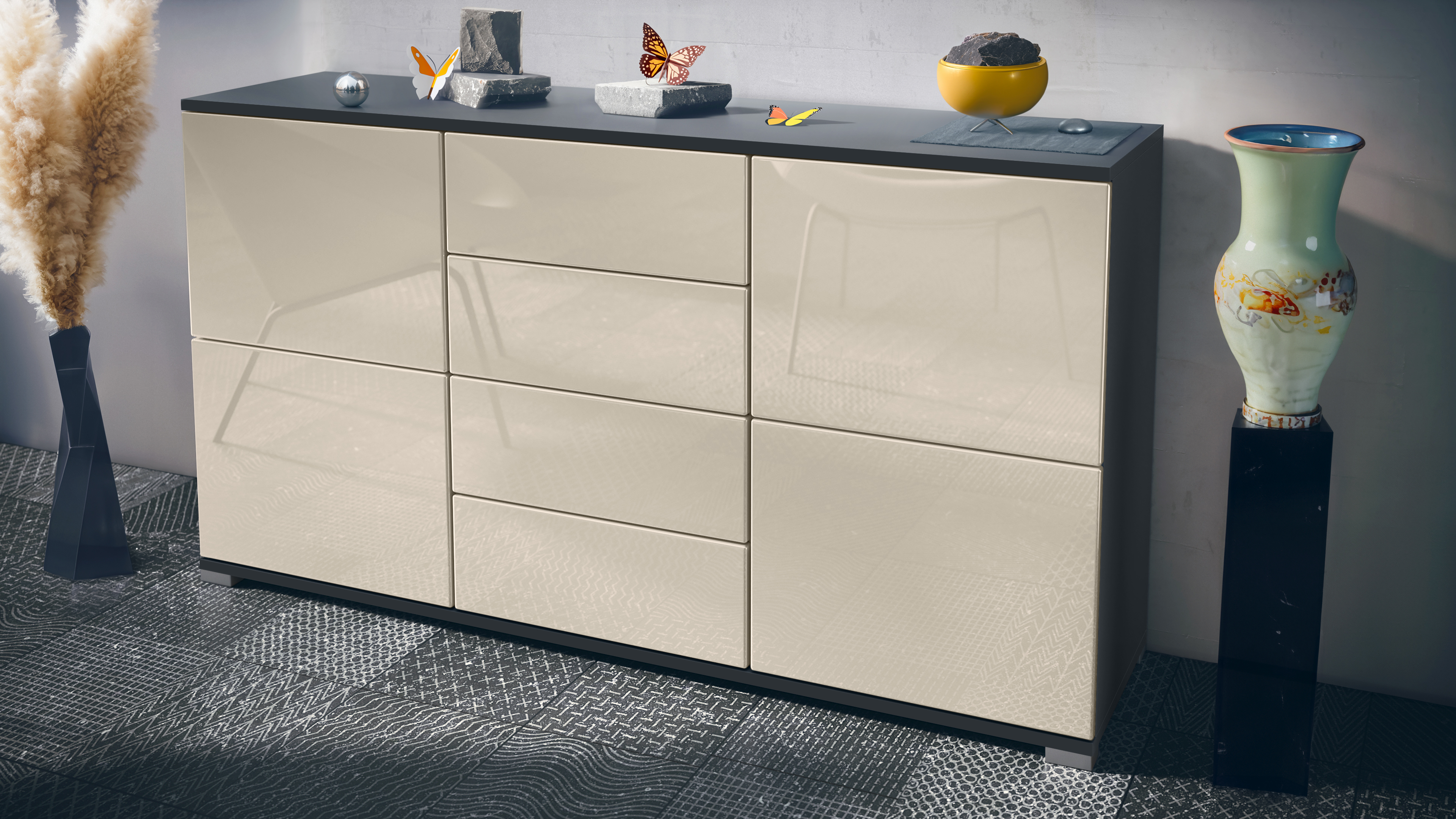 Sideboard Rova V1 4 Schubladen, Made in Germany, Anthrazit matt/Creme Hochglanz (138,5 x 75,5 x 35)
