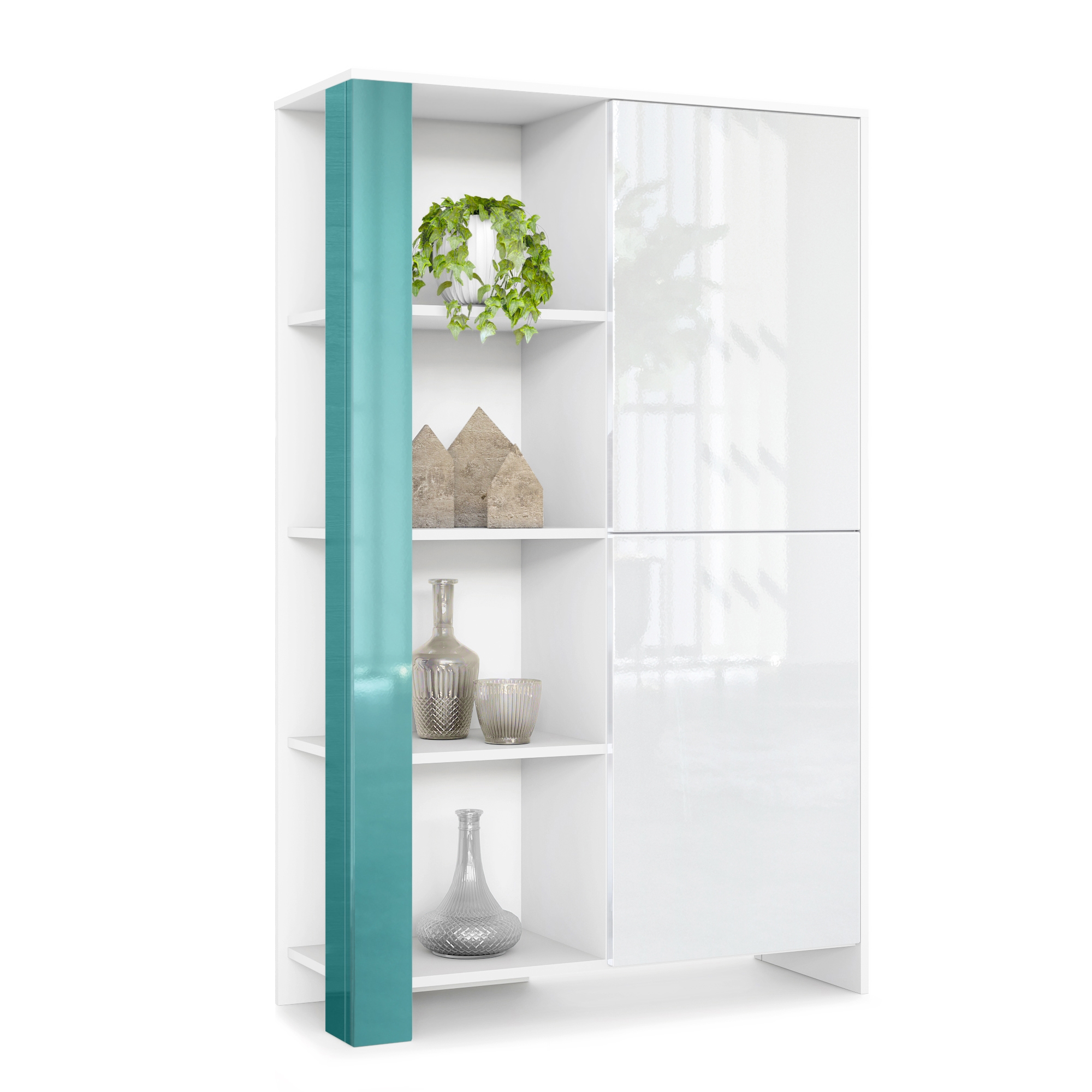 Highboard Canto mit 2 Türen und 8 Fächern Weiß matt, Weiß Hochglanz, Petrol Hochglanz Highboard Canto mit 2 Türen und 8 Fächern Weiß matt, Weiß Hochglanz, Petrol Hochglanz