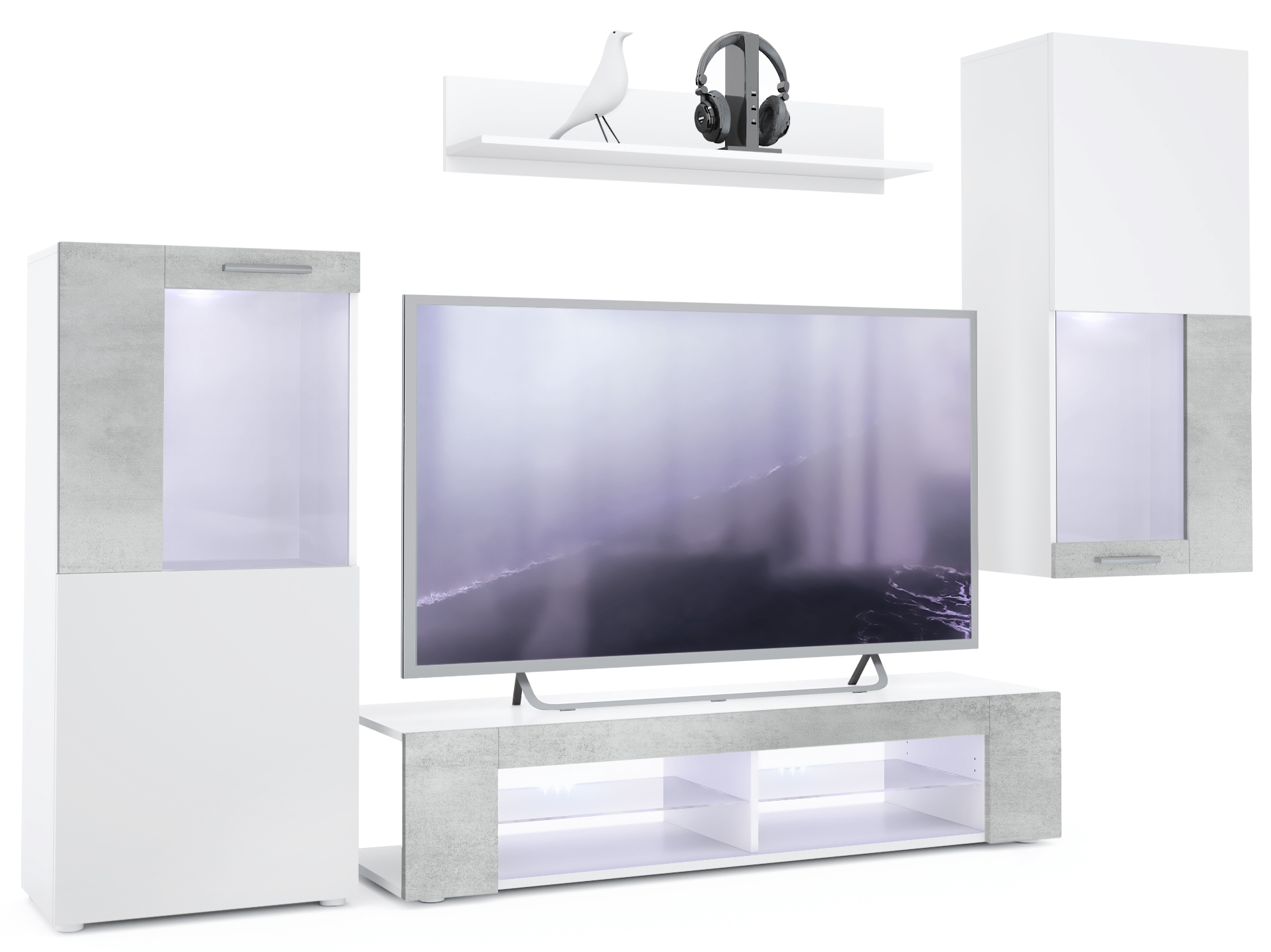 Wohnwand Movie 4-tlg. Weiß mit weißer LED  bestehend aus 1 TV-Board, 2 Vitrinen und 1 Regal Weiß matt/Beton Oxid-Optik, inkl. LED Beleuchtung weiß (300x190x39 cm)