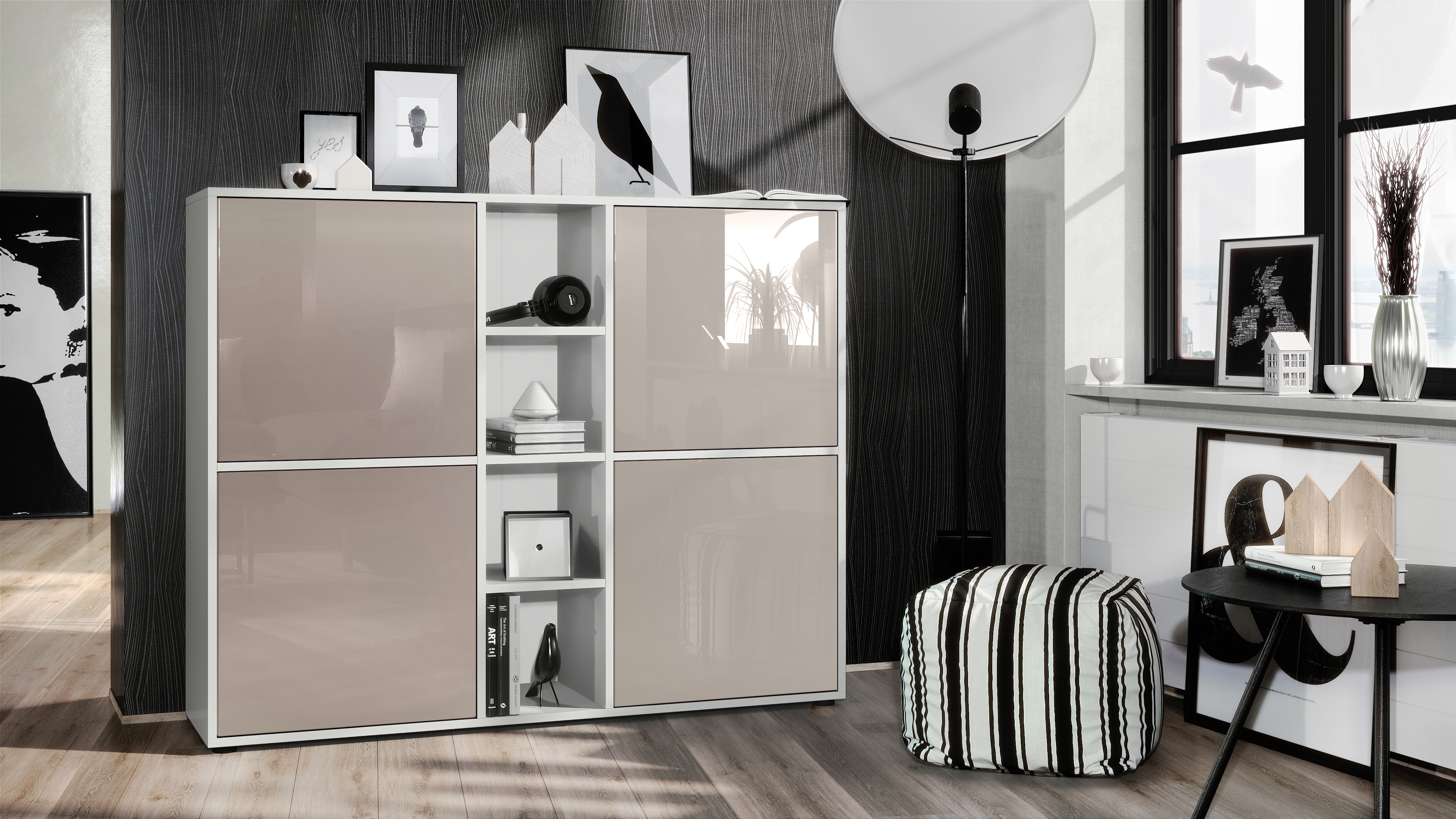 Highboard Cuba V3  Schrank Anrichte Cuba V3 mit 12 Fächern Korpus in Weiß matt / in Sandgrau glänzend (130,5x105,5x35,5 cm)