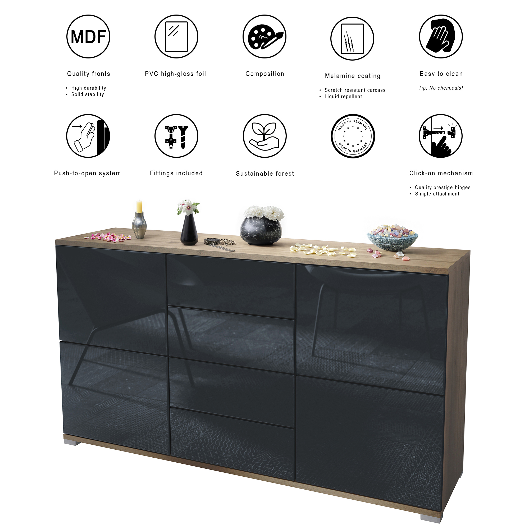 Sideboard Rova V1 4 Schubladen, Made in Germany, Eiche Evoke/Grau Hochglanz (138,5 x 75,5 x 35)