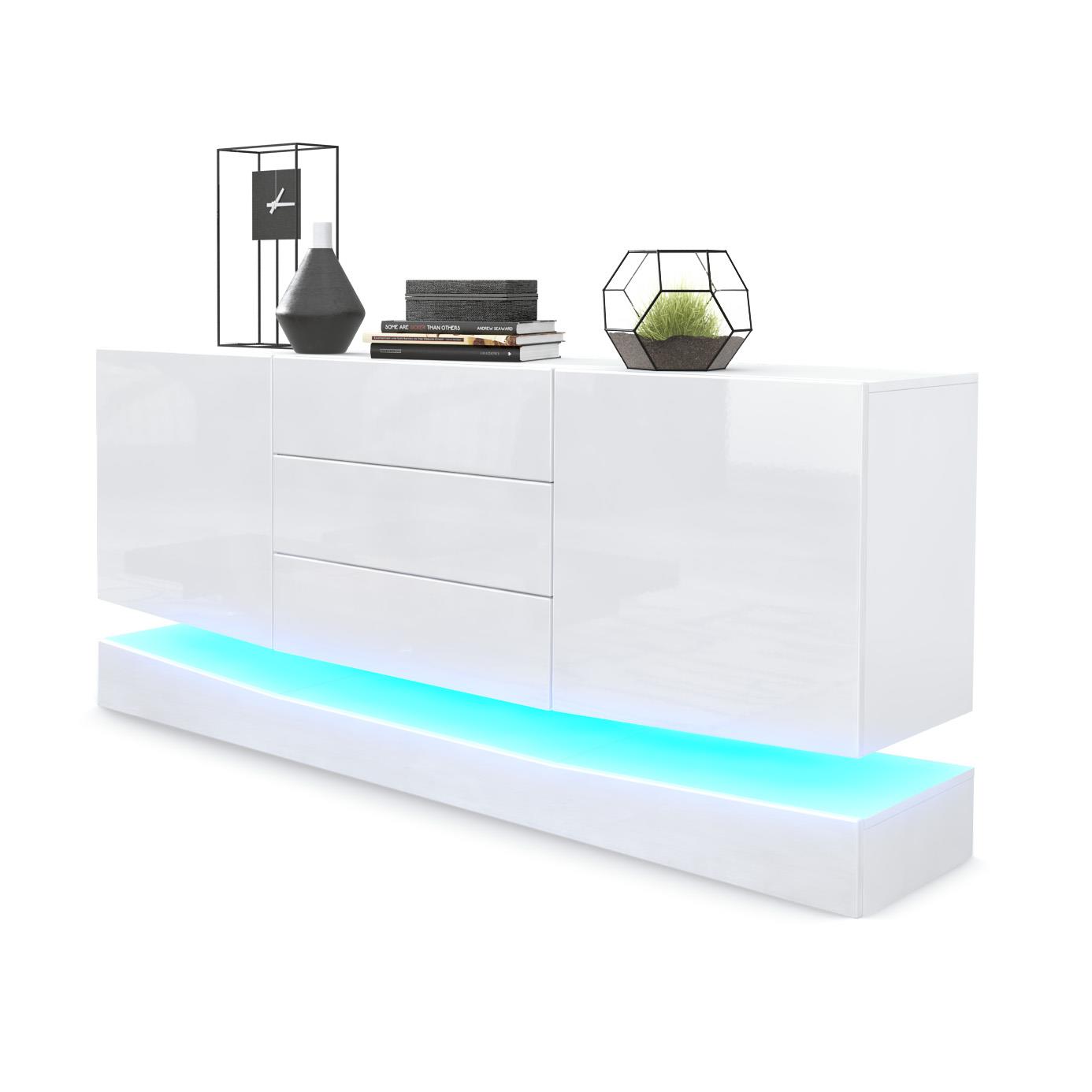 Sideboard City und 3 Schubladen inkl. LED-Beleuchtung,  Weiß matt/Weiß Hochglanz (178 x 72 x 38 cm)