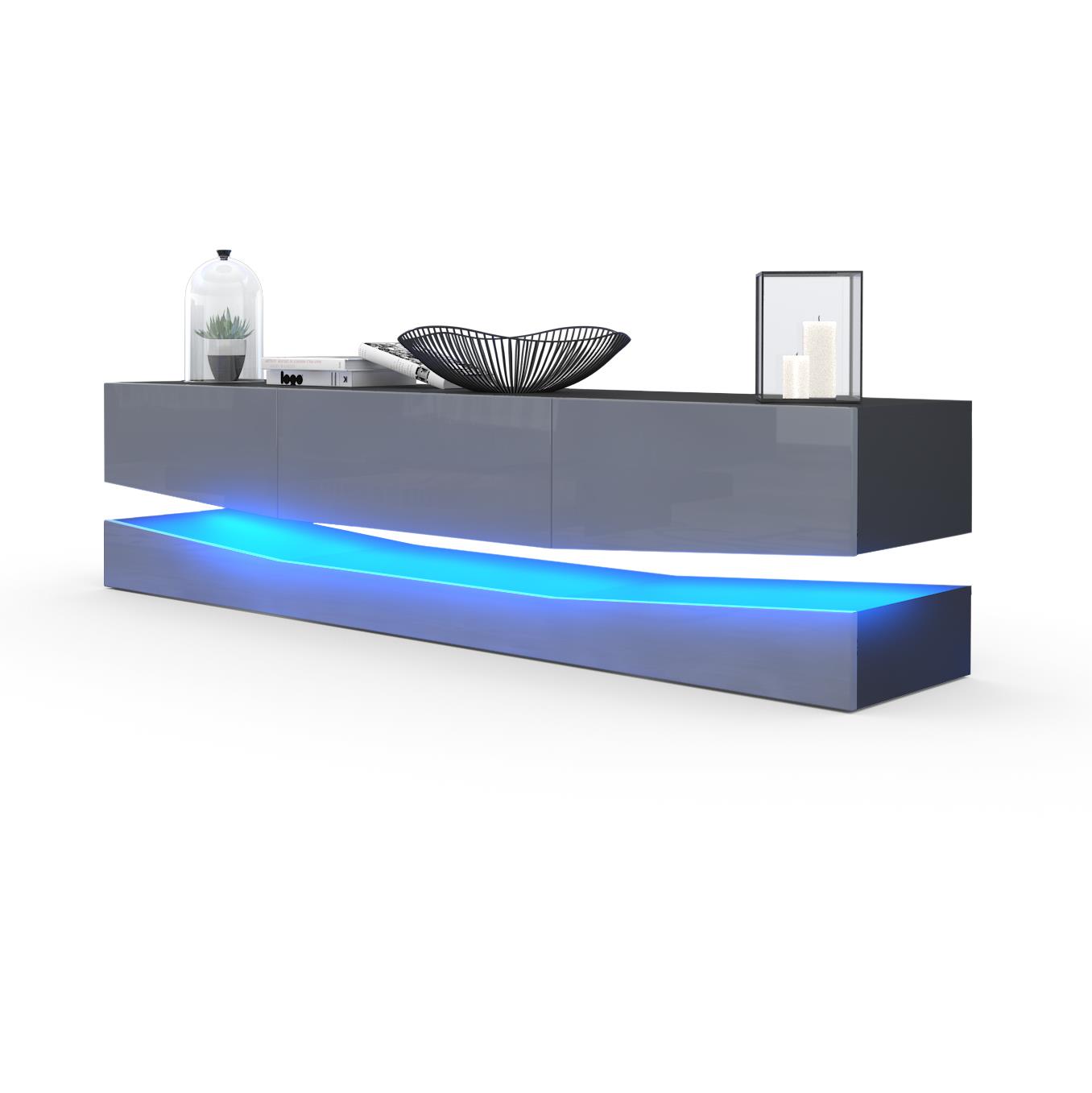Lowboard City 1 offenem Fach und 3 Schubkästen Schwarz matt/Grau glänzend, inkl. LED-Beleuchtung (178xvariabelx39 cm)