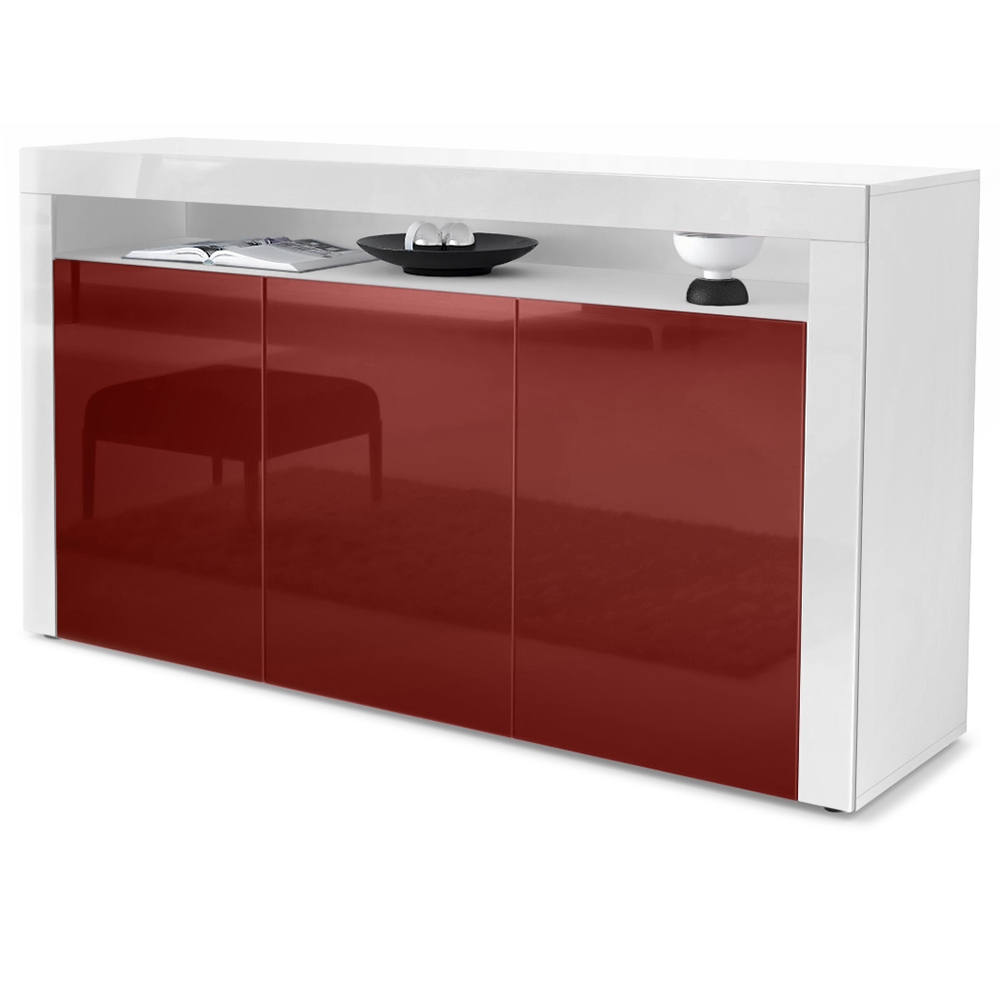 Sideboard Valencia mit 3 Türen und 1 offenem Fach Weiß / Bordeaux Hochglanz/ (155 x 92 x 40 cm)