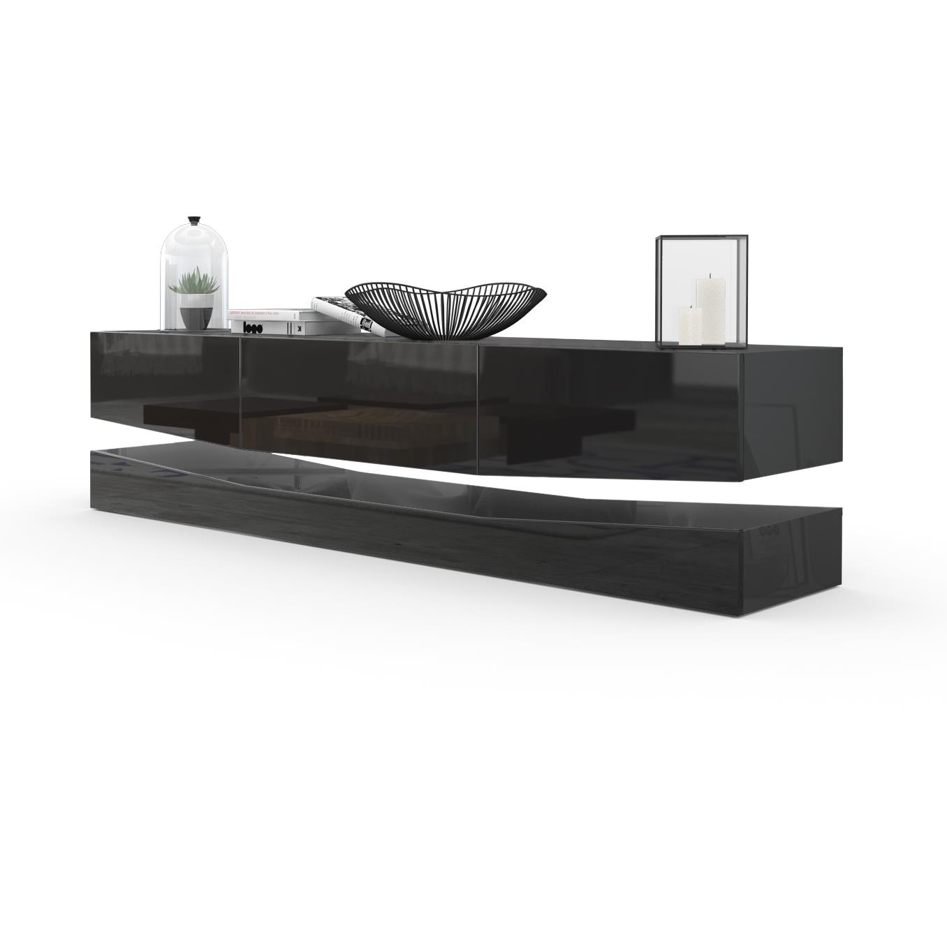 Lowboard City 1 offenem Fach und 3 Schubkästen Schwarz Hochglanz (178 x variabel x 39 cm)