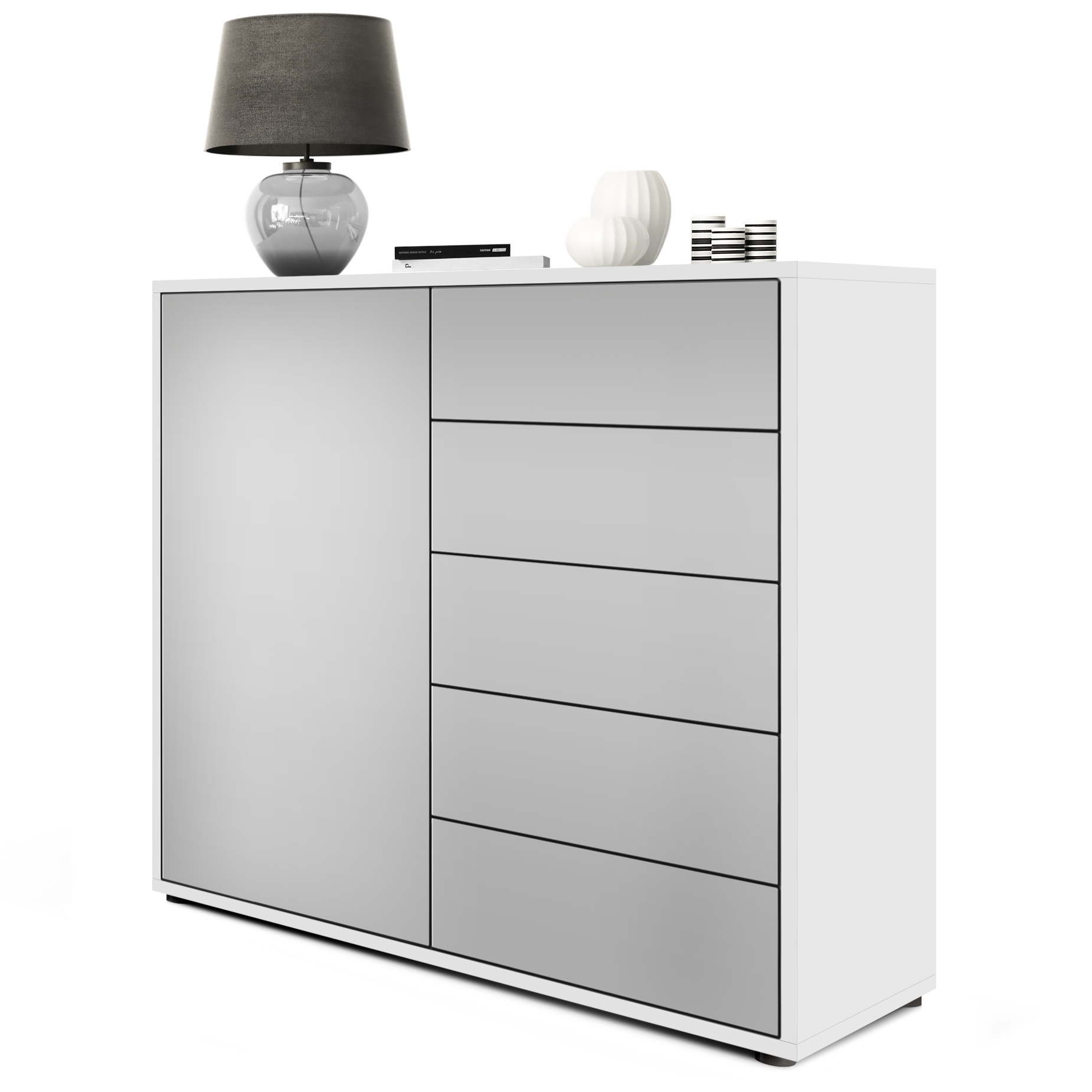Kommode Ben V2  mit 1 Tür und 5 Schubladen Weiß matt/Hellgrau Seidenmatt (79 x 74 x 36 cm)