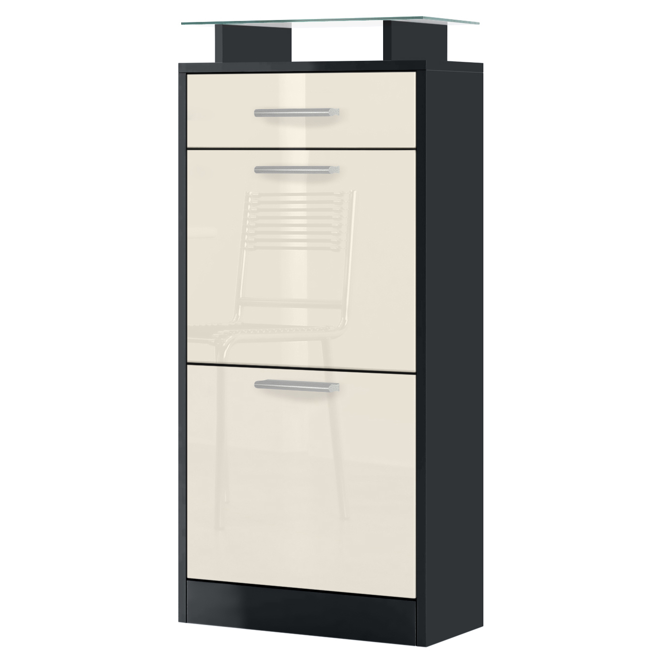 Schuhschrank Loret V2 mit 2 Klappen, 1 Schublade und Glasablage Schwarz matt/Creme Hochglanz (46 x 104 x 23 cm)