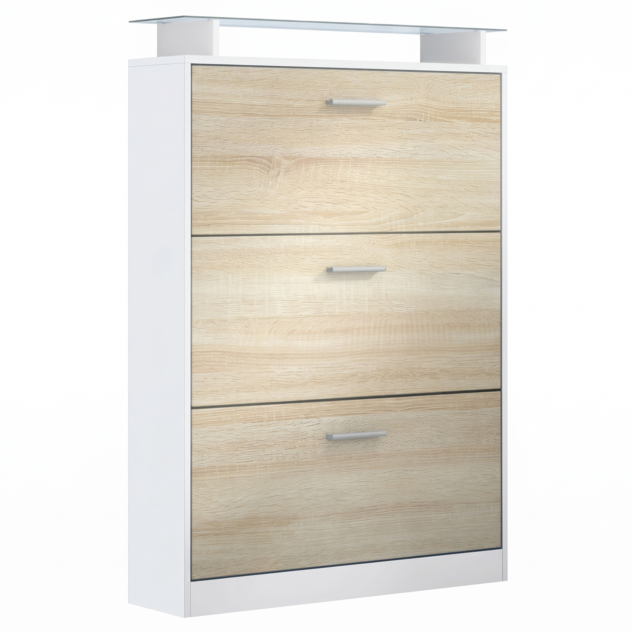 Schuhschrank Lavia  für 24 Paar Schuhe mit 3 Klappen und Glasablage Weiß matt/Eiche sägerau (89 x 128 x 23 cm)