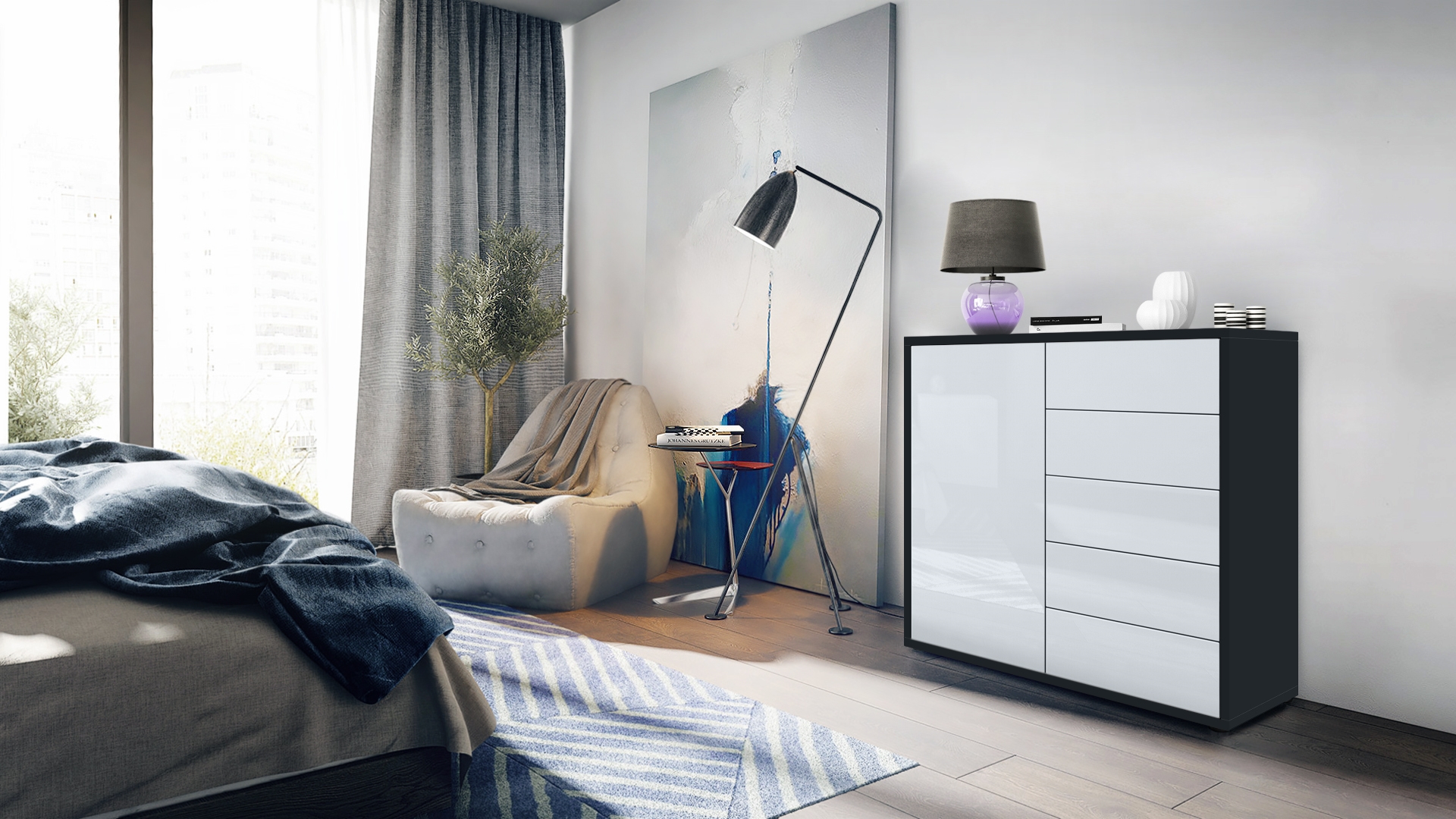 Kommode Ben V2  mit 1 Tür und 5 Schubladen Schwarz matt/Weiß Hochglanz (79 x 74 x 36 cm)