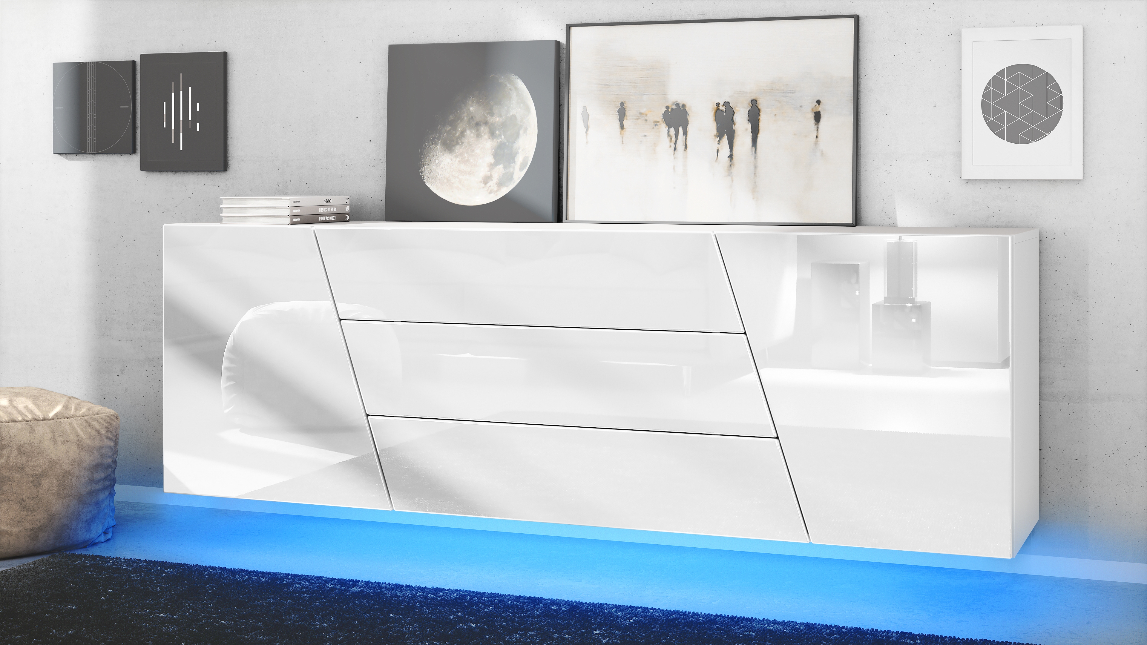 Houston Sideboard hängend mit 2 Türen und 3 Schubladen inkl. LED-Beleuchtung Weiß matt/Weiß Hochglanz (178 x 57,5 x 38,5 cm)