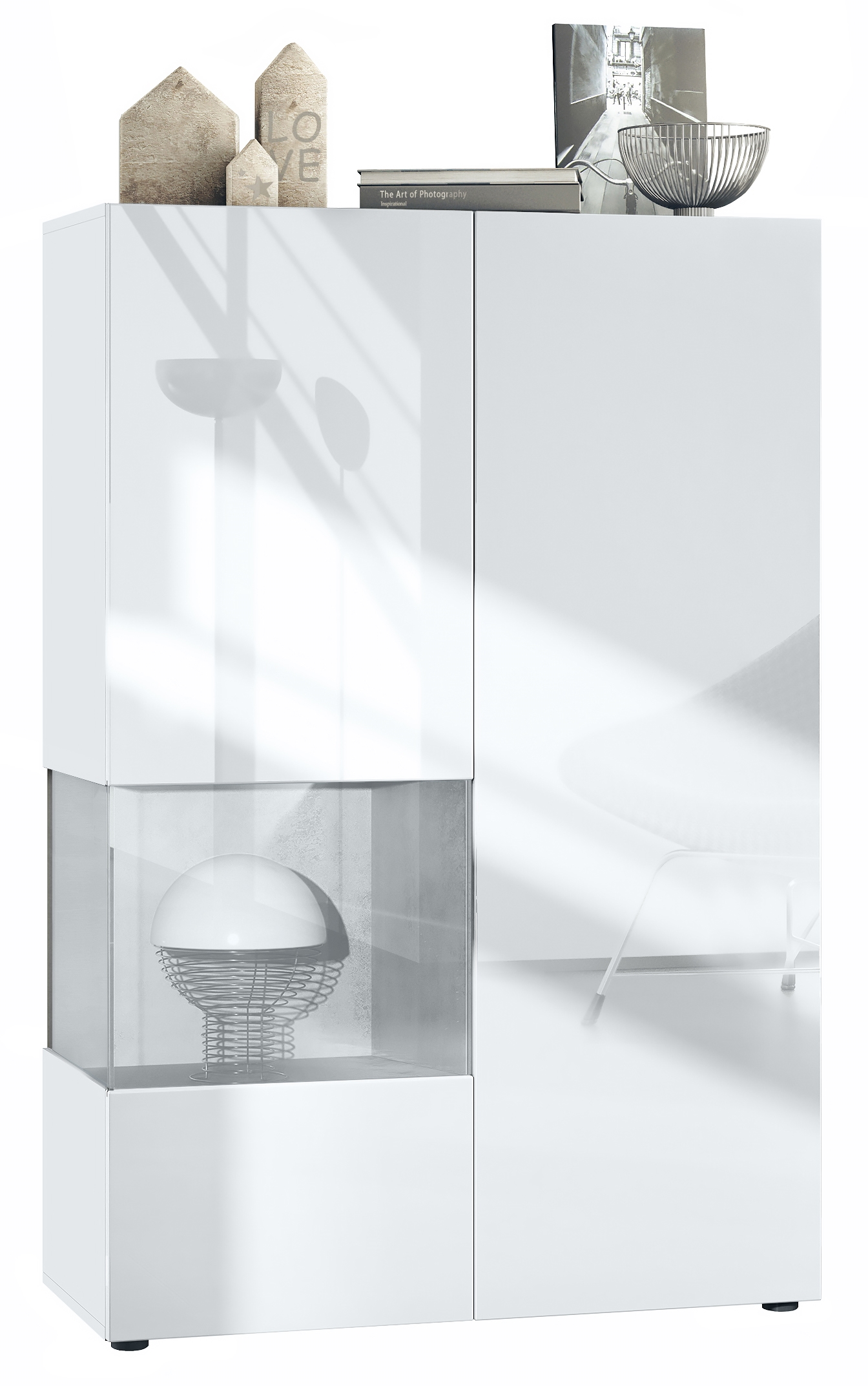 Vitrine Morena V2 mit 2 Türen und Glaseinsatz Weiß matt/Weiß Hochglanz/Beton Oxid Optik (91,5 x 136,5 x 37 cm)