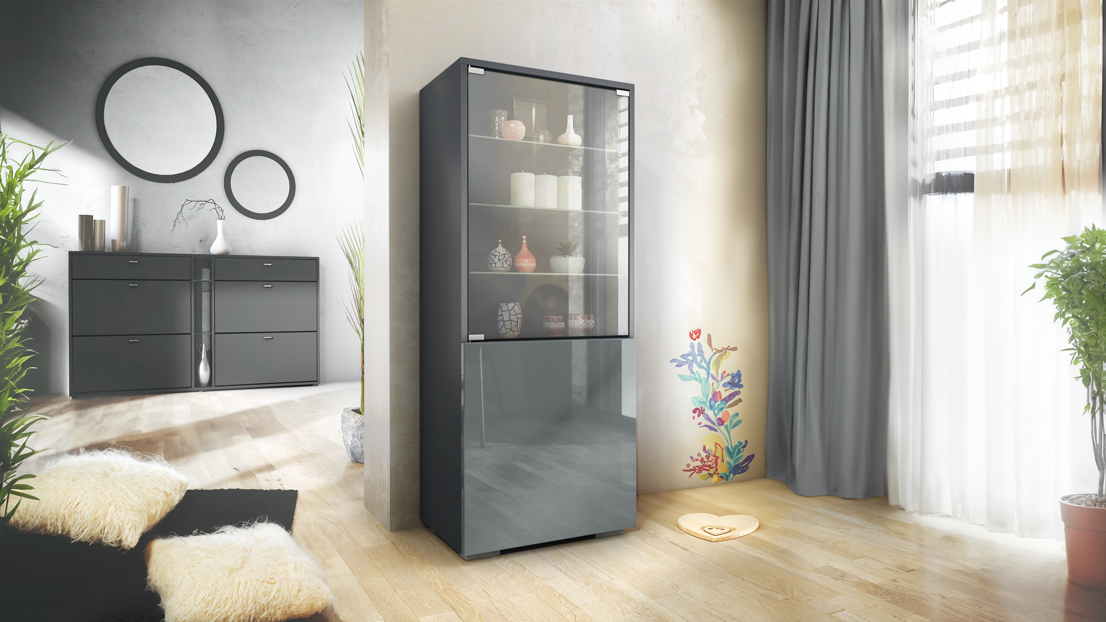 Granada Vitrine Anthrazit mit Glastür und Glaseinsatz Anthrazit matt/Grau Hochglanz (50 x 122,5 x 34,5 cm)