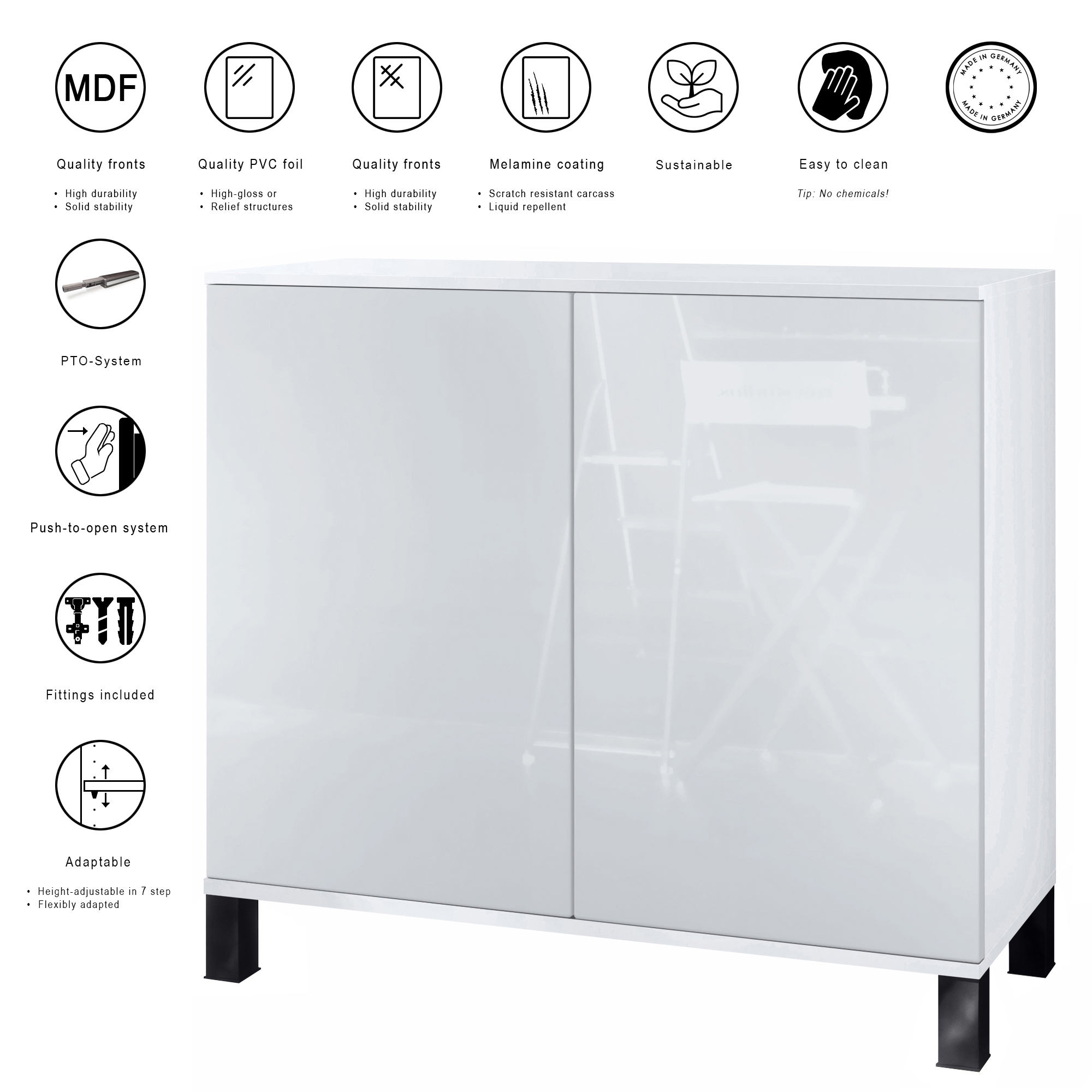 Skadu V3 Kommode Weiß mit 2 großen Türen Weiß matt / Schwarz Hochglanz (92,5 x 84.5 x 35)