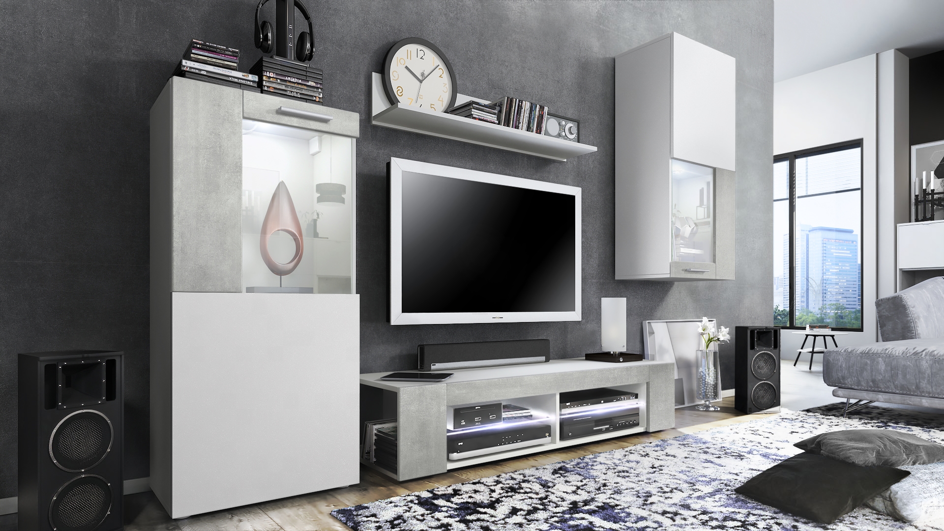 Wohnwand Movie 4-tlg. Weiß mit weißer LED  bestehend aus 1 TV-Board, 2 Vitrinen und 1 Regal Weiß matt/Beton Oxid-Optik, inkl. LED Beleuchtung weiß (300x190x39 cm)
