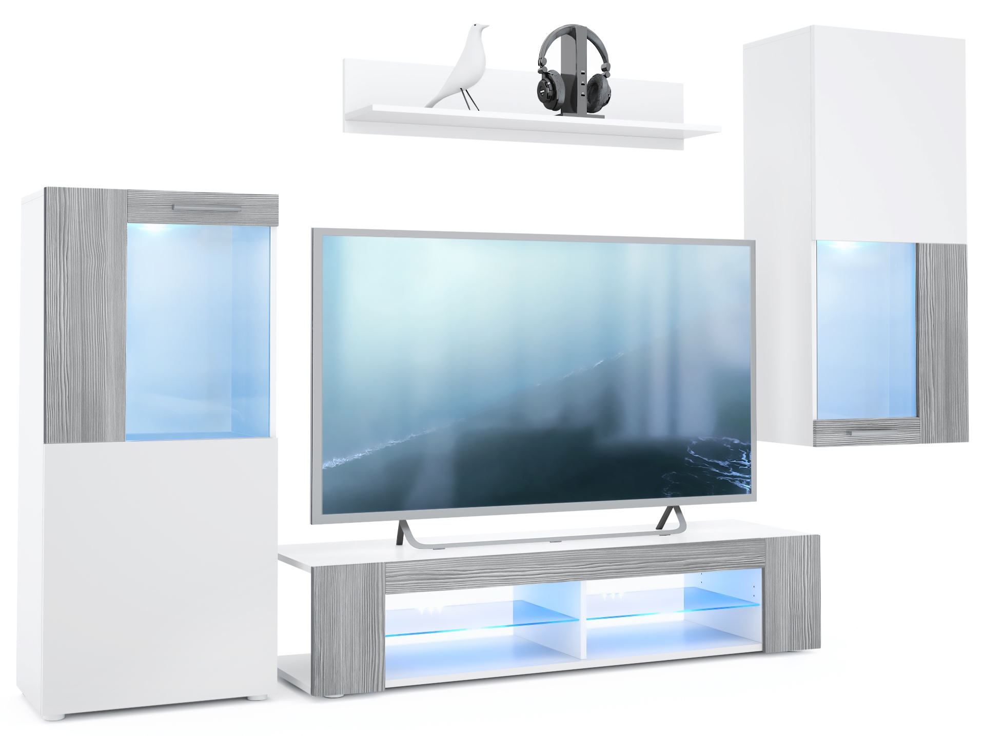 Wohnwand Movie 4-tlg. Weiß mit blauer LED  bestehend aus 1 TV-Board, 2 Vitrinen und 1 Regal Weiß matt/Weiß matt/Avola-Anthrazit mit Beleuchtung (300x190x39 cm)
