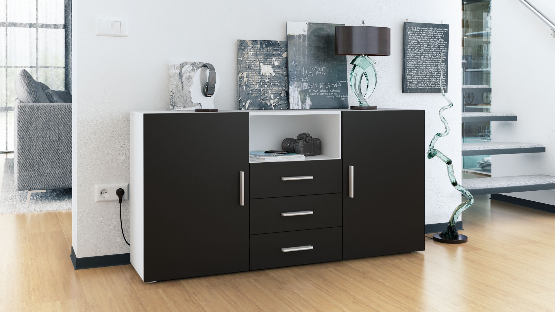 Sideboard Skadu  mit 2 Türen, 3 Schubladen und 1 offenem Fach Weiß matt/Schwarz matt (138,5 x 71,5 x 35 cm)