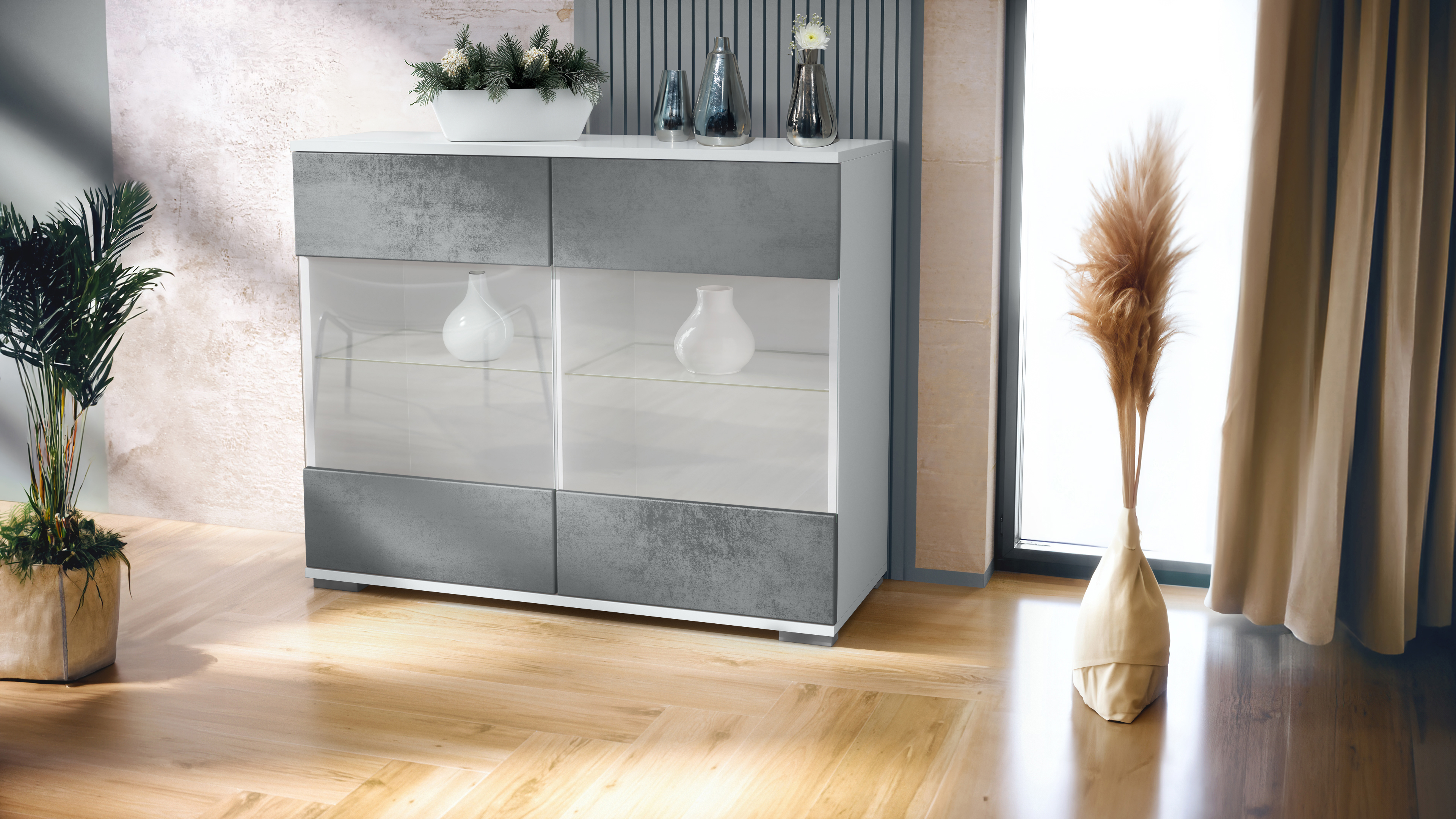 Bari V3 Kommode Weiß mit 2 großen Glastüren Weiß matt / Beton Dunkel Optik (92,5 x 75.5 x 35)