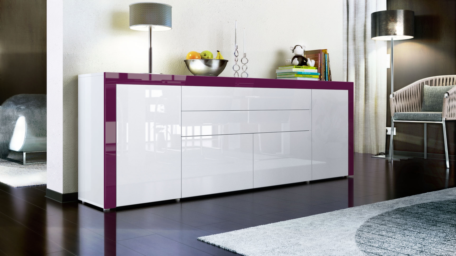 Sideboard La Paz V2 mit 2 Türen, 2 Schubkästen und 2 Klappen Weiß Hochglanz/Brombeer Hochglanz (200 x 72 x 35 cm)
