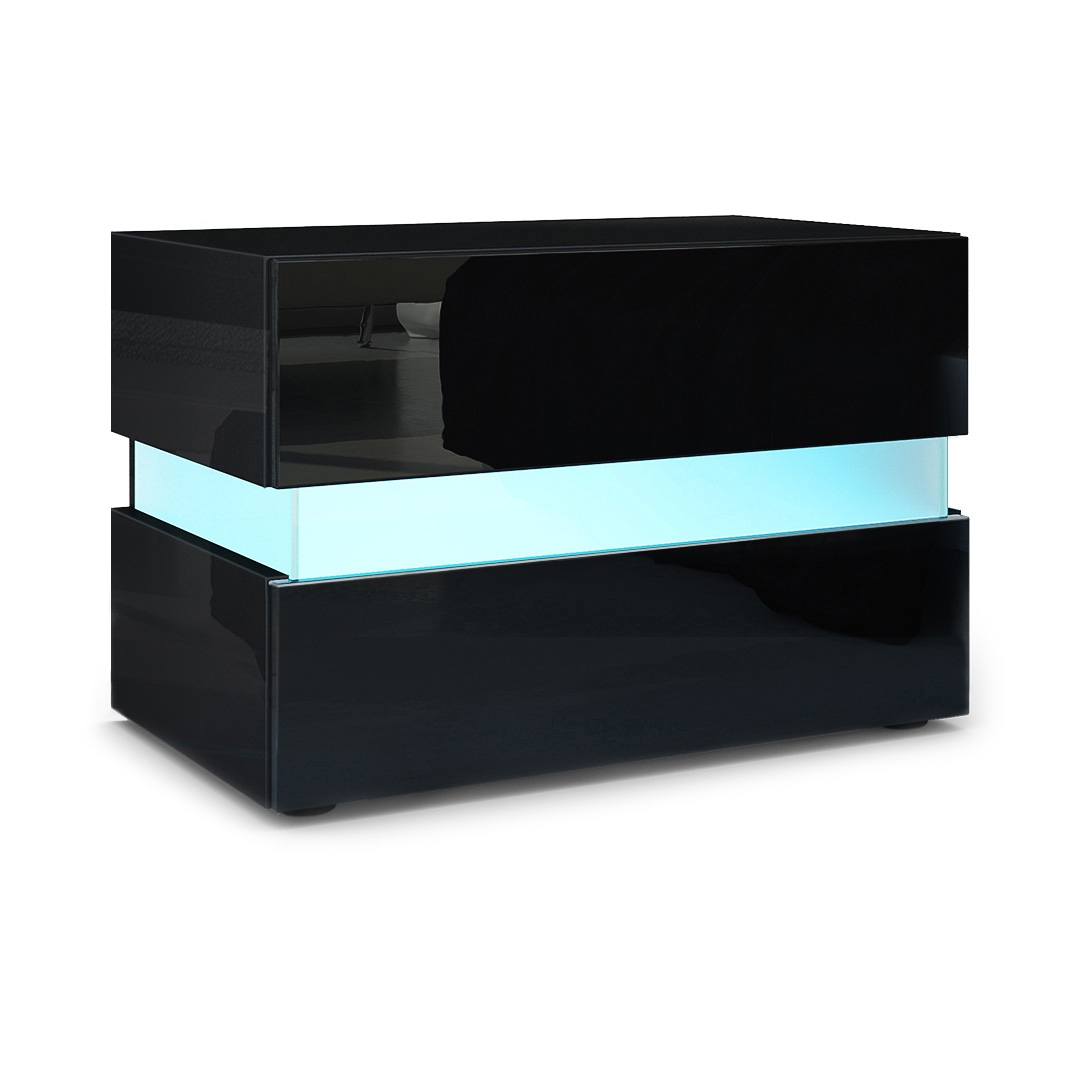 Nachttisch Flow  mit Schublade zur Wandmontage Schwarz glänzend/Schwarz glänzend, inkl. LED-Beleuchtung (60x45x39 cm)