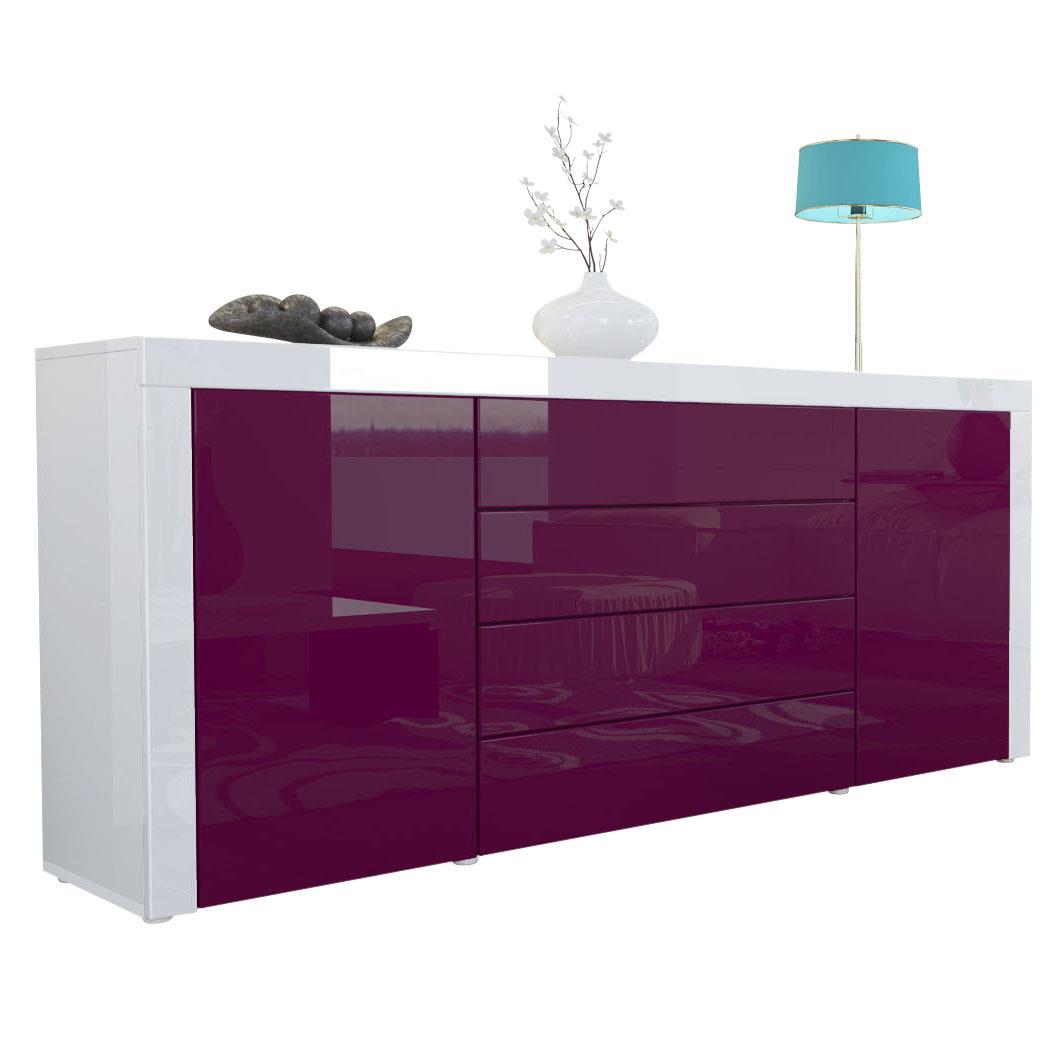 Sideboard La Paz mit 2 Türen und 4 Schubladen Brombeer Hochglanz / Weiß Hochglanz (167 x 72 x 35)