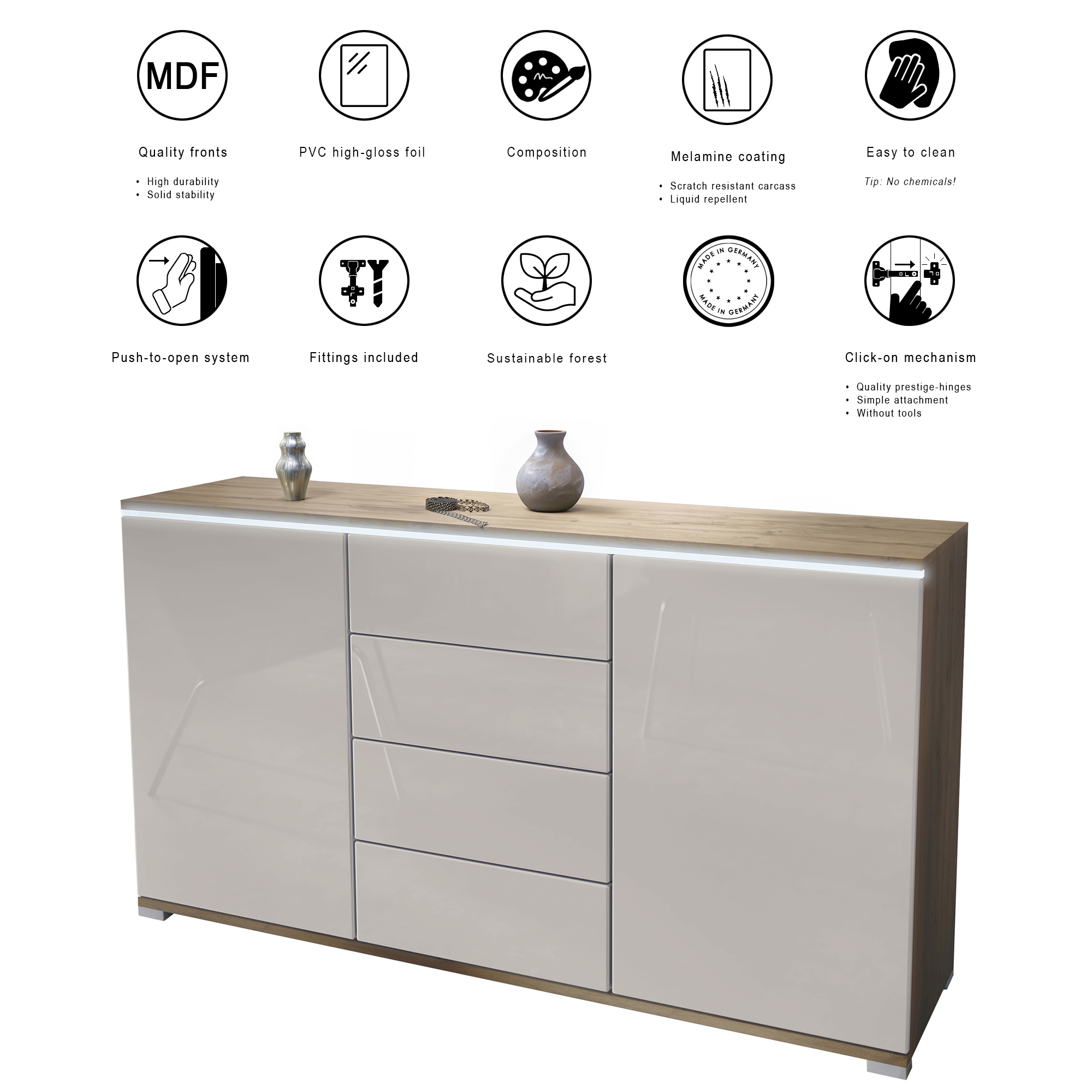 Sideboard Faro V1 Eiche Evoke Schrank mit LED Lichtleiste Eiche Evoke / Schwarz Hochglanz (138,5 x 75,5 x 35)