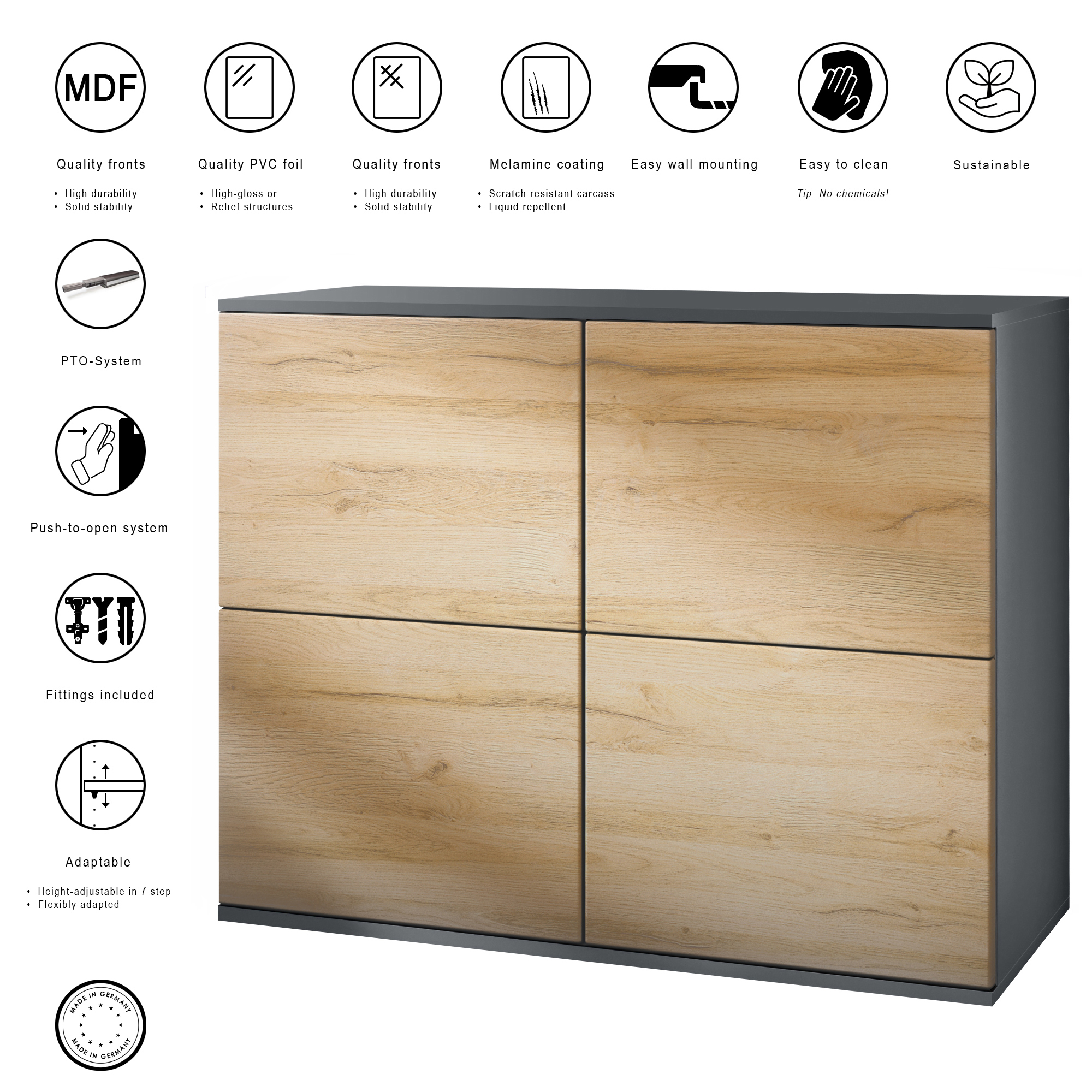 Rova V3 Kommode Anthrazit mit 4 Push-to-Open Türen Anthrazit matt / Creme Hochglanz (92,5 x 73.5 x 35)