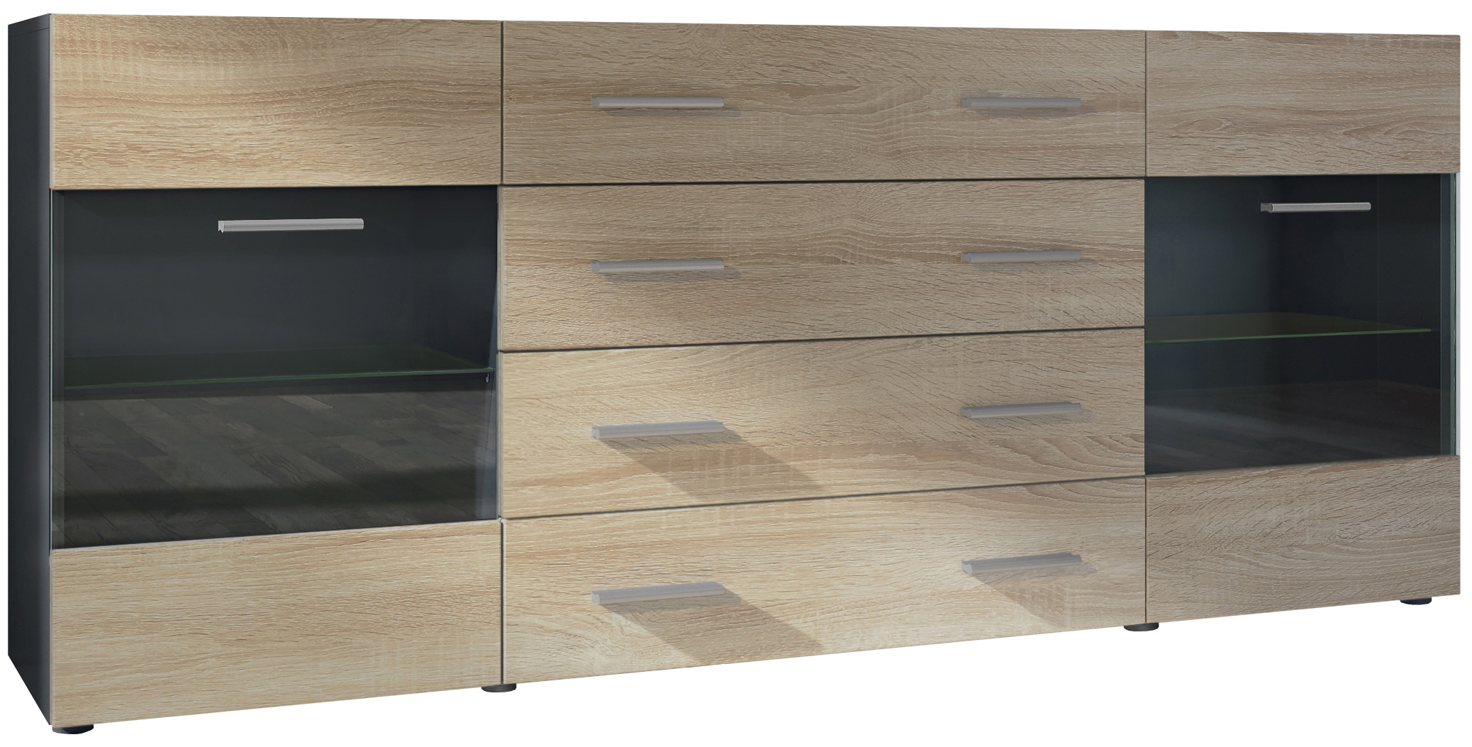 Sideboard Bari V2 4 Schubladen und 2 flexible Glaseinlegeböden Schwarz matt/Eiche sägerau (166 x 72 x 35)