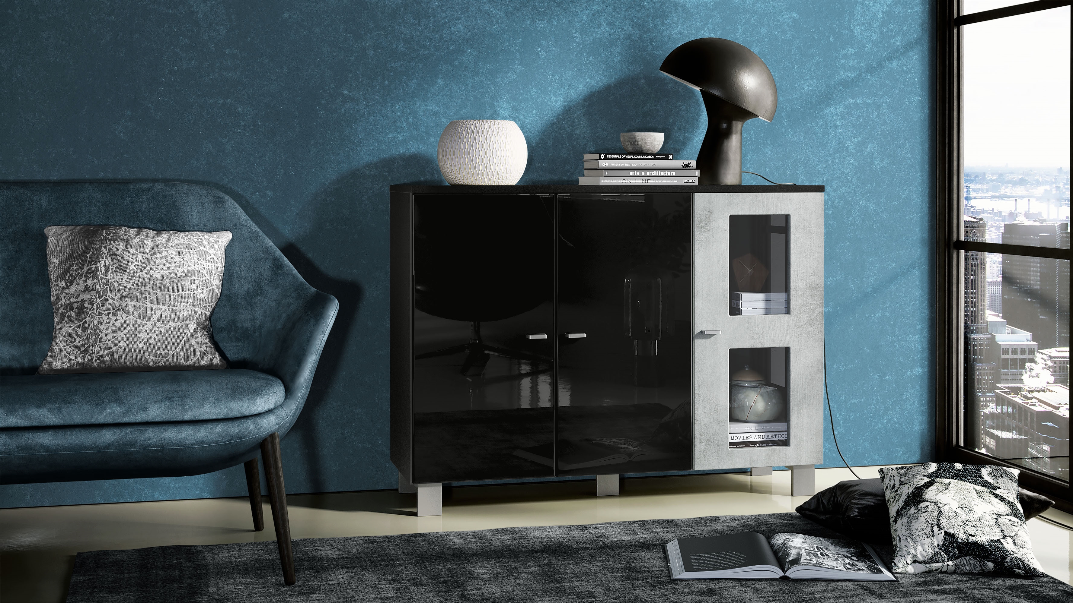 Sideboard Denjo  mit 3 Türen Schwarz matt/Schwarz Hochglanz/Beton Oxid Optik (107 x 81 x 35 cm)