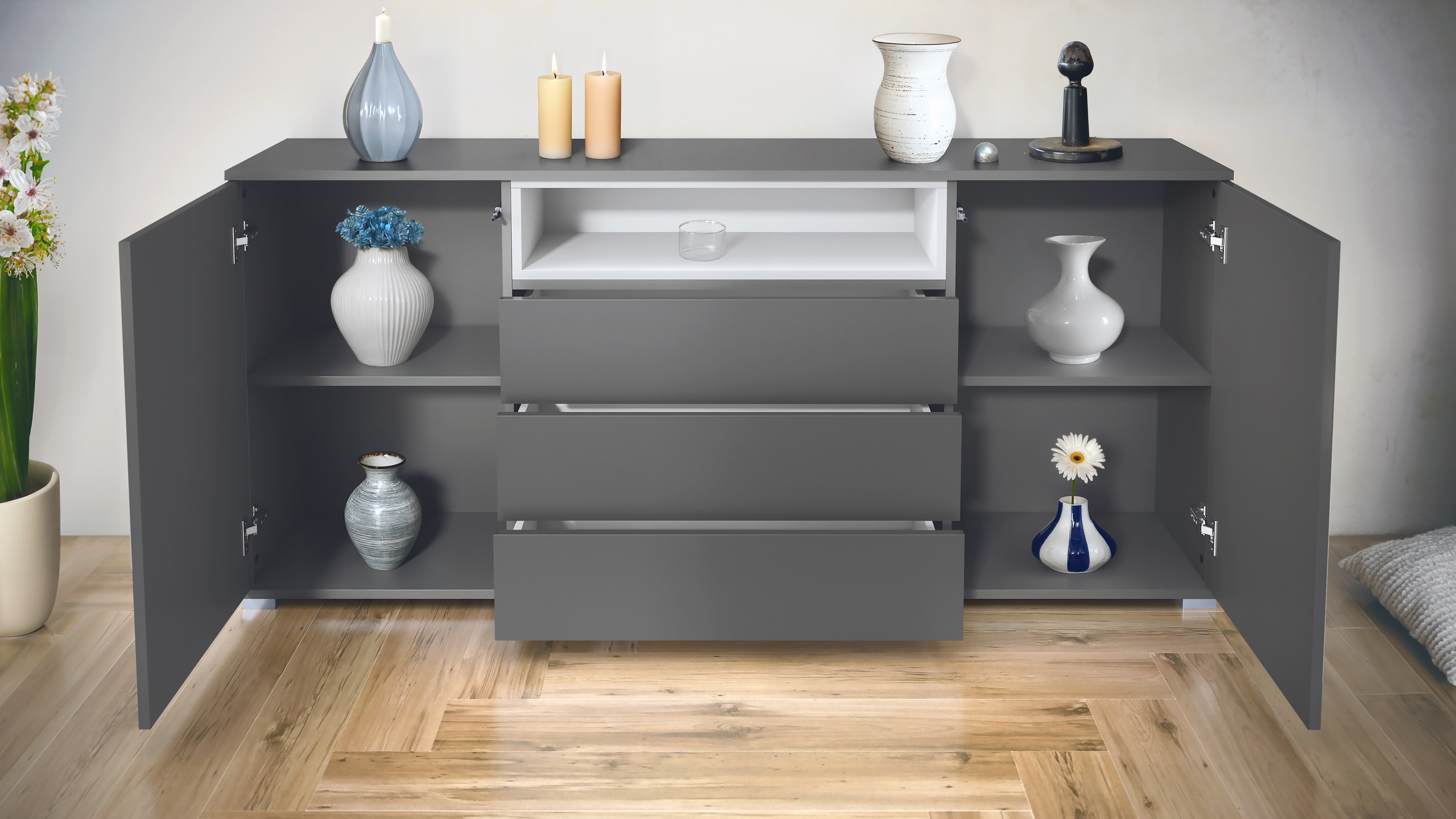 Skadu V4 Sideboard Anthrazit mit 2 Türen, 3 Schubladen und 1 offenem Fach Anthrazit matt/Grau Hochglanz (166,5 x 75,5 x 35 cm)