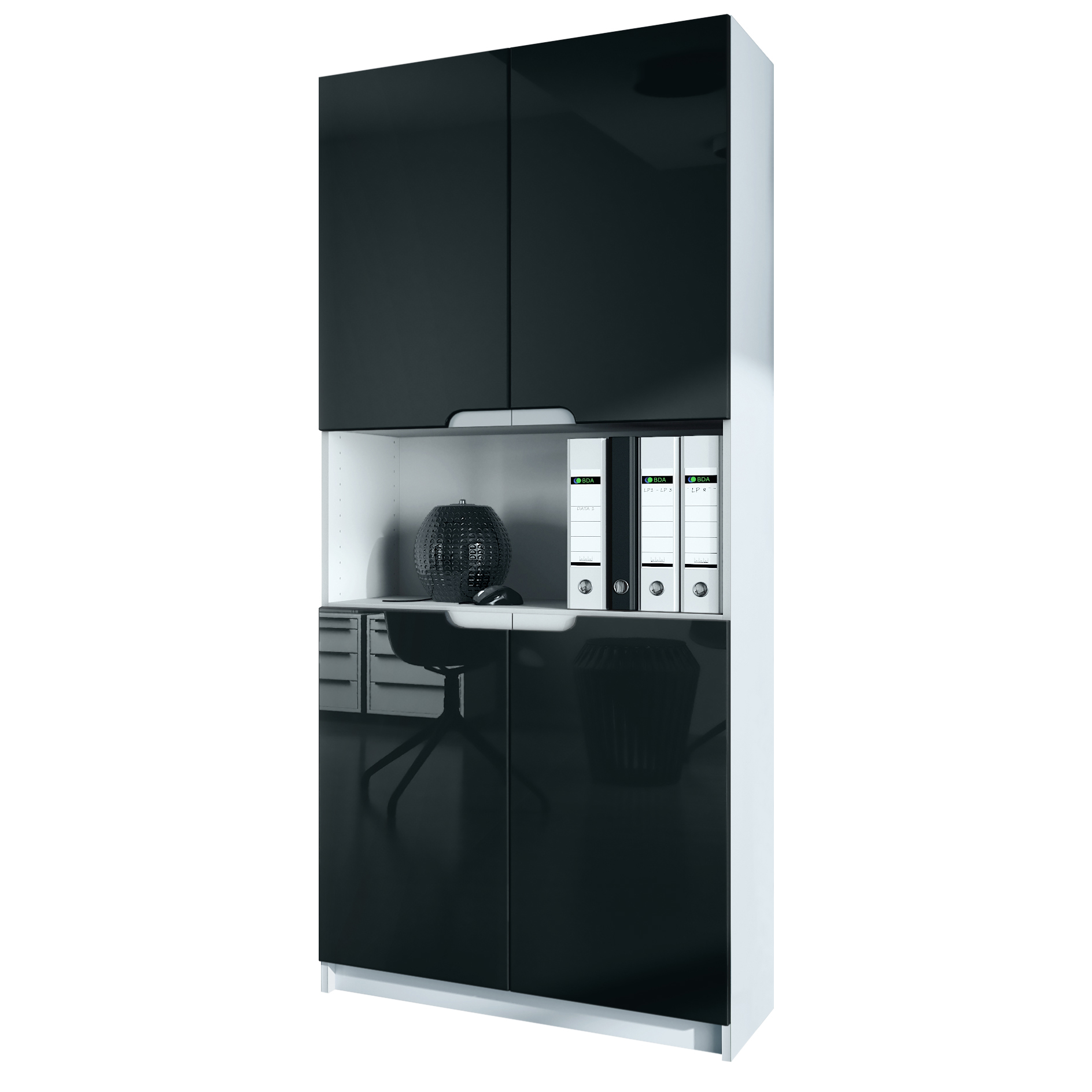 Büroschrank Logan V2 mit 5 Fächern und 4 Türen Weiß matt/Schwarz Hochglanz (82 x 185 x 37 cm)