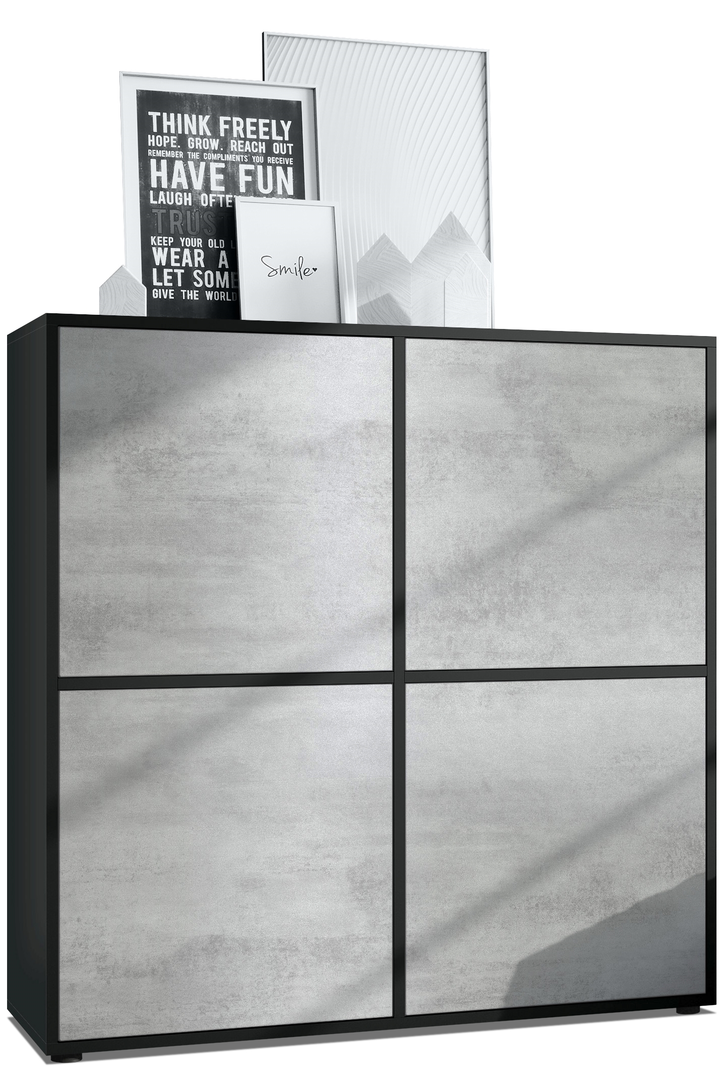 Highboard Cuba V2 Sideboard mit 4 Push-to-Open Türen, Made in Germany Schwarz matt / Beton Oxid Optik (104 x 105,5 x 35,5 cm)